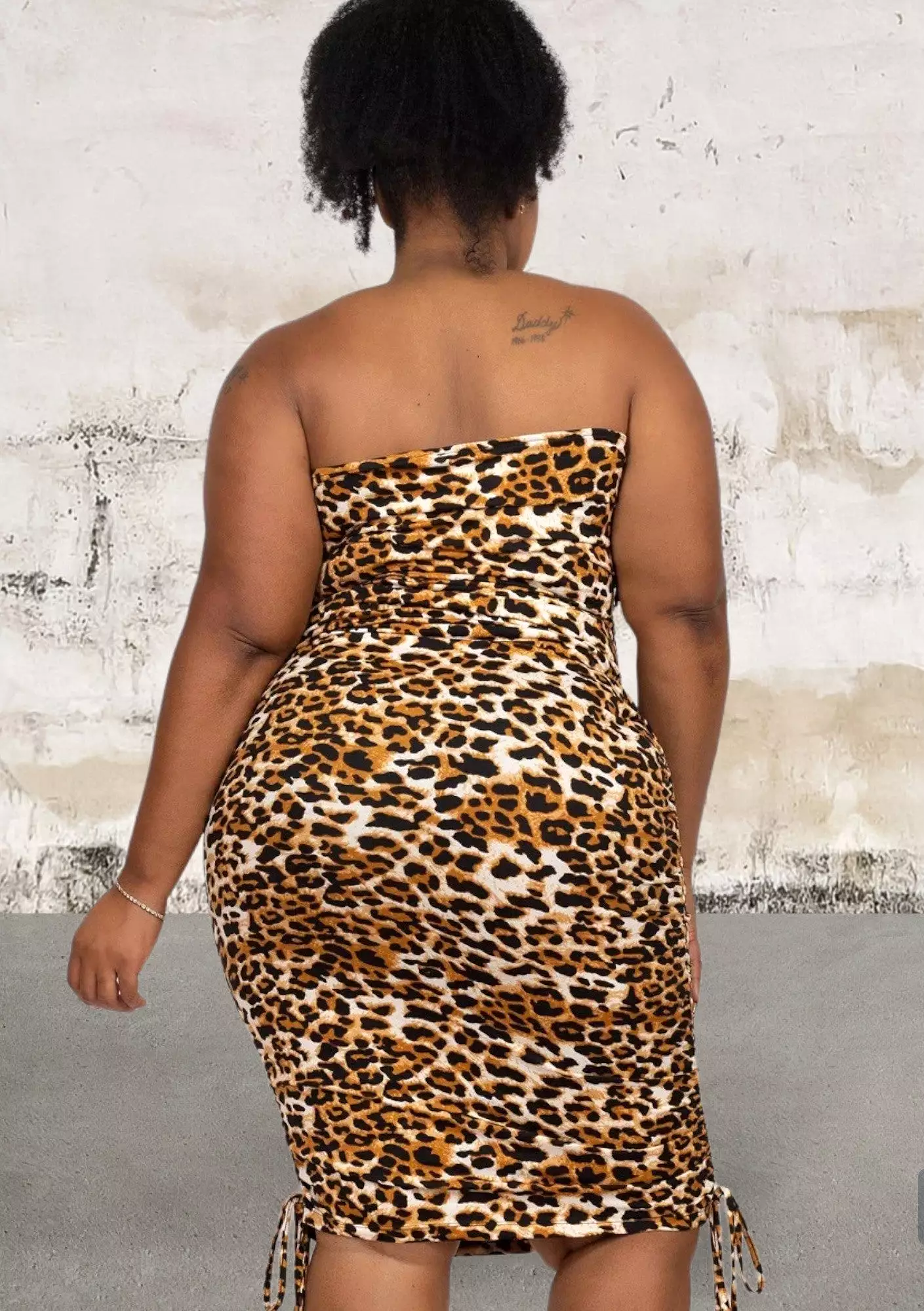 Plus Size Leopard Print Ruched Drawstring Tube Dress