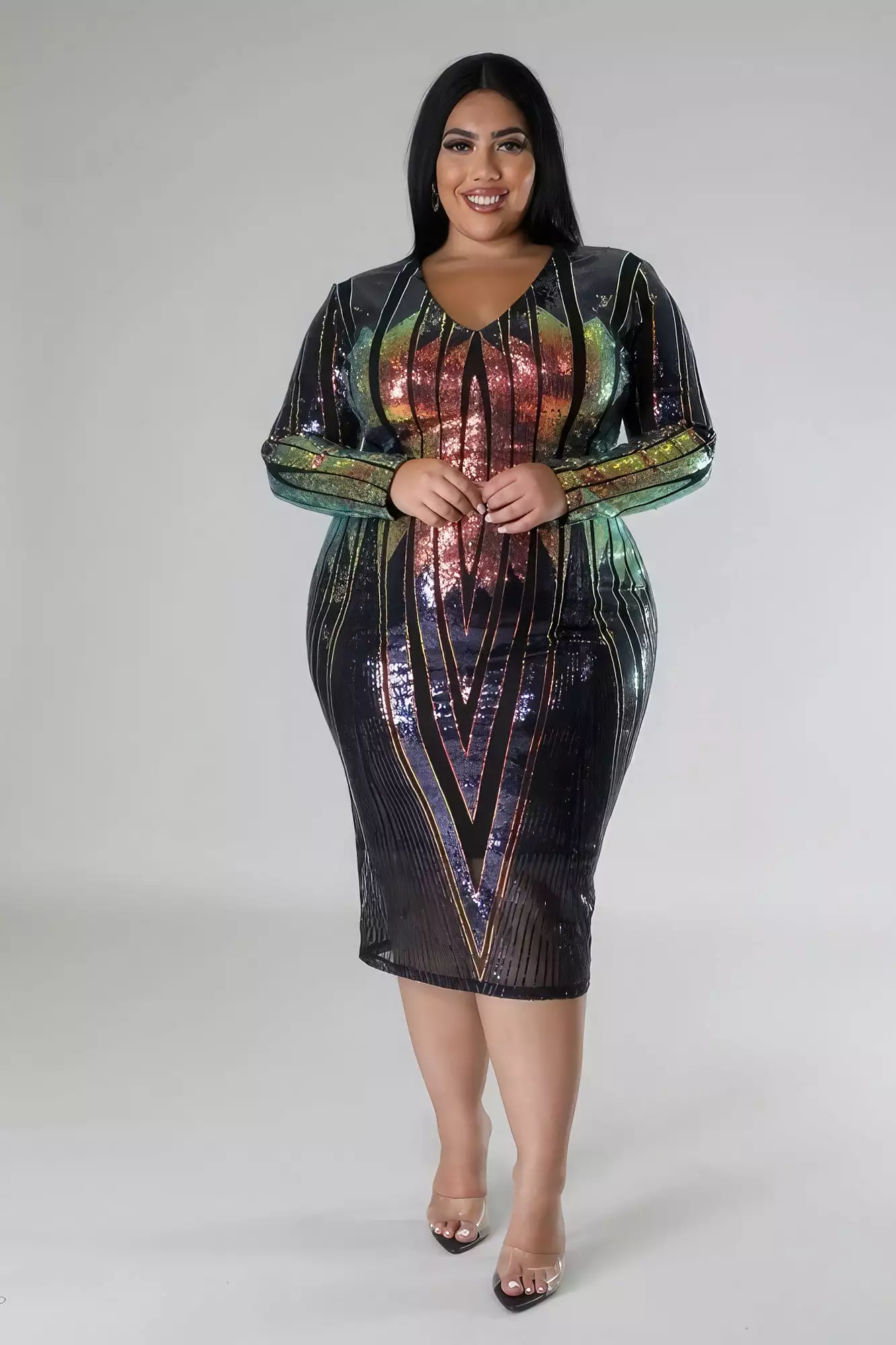 Plus Size Long Sleeve Stretch Multicolor Sequin V-Front Dress