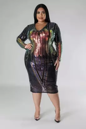 Plus Size Long Sleeve Stretch Multicolor Sequin V-Front Dress