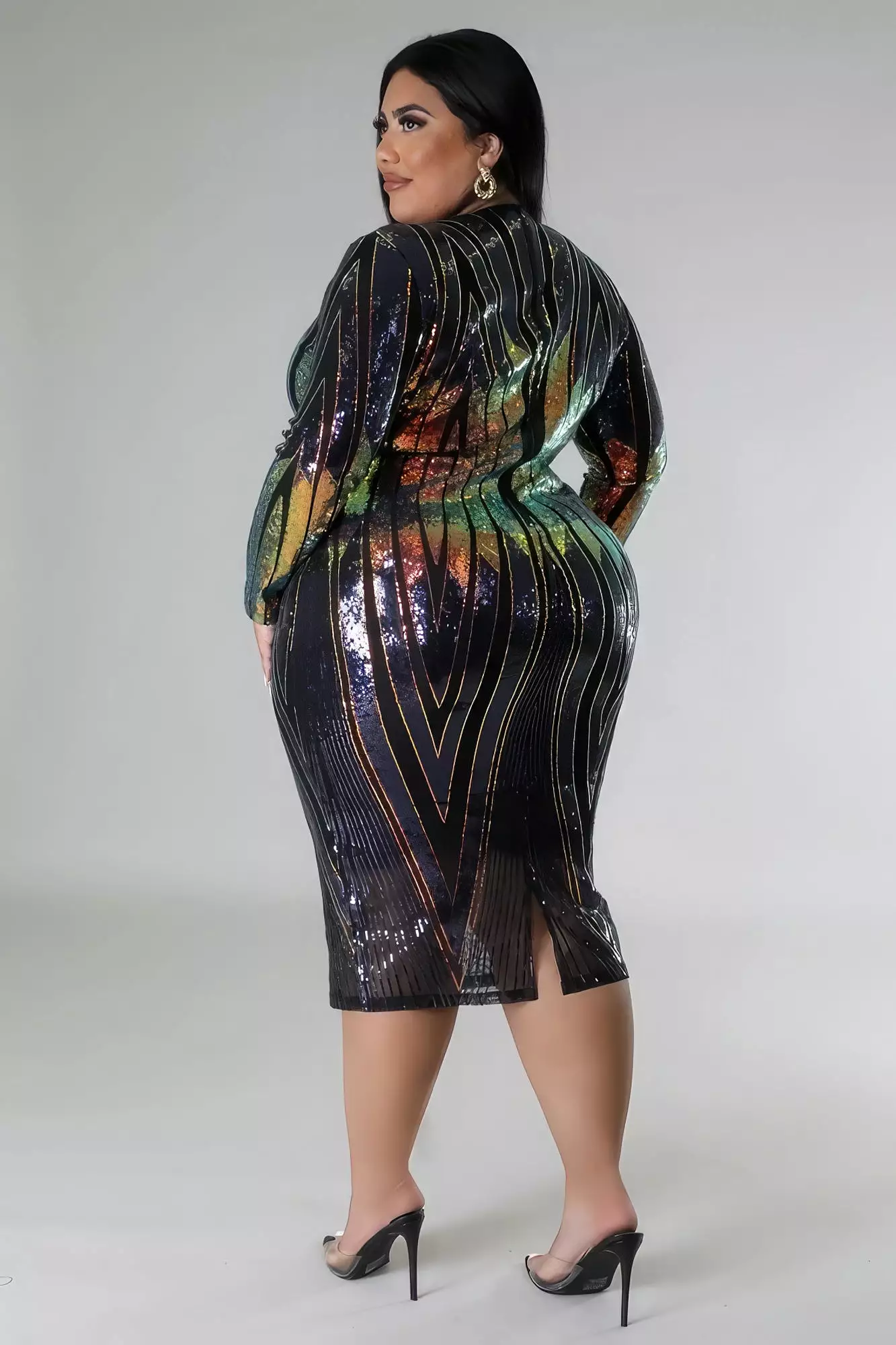 Plus Size Long Sleeve Stretch Multicolor Sequin V-Front Dress