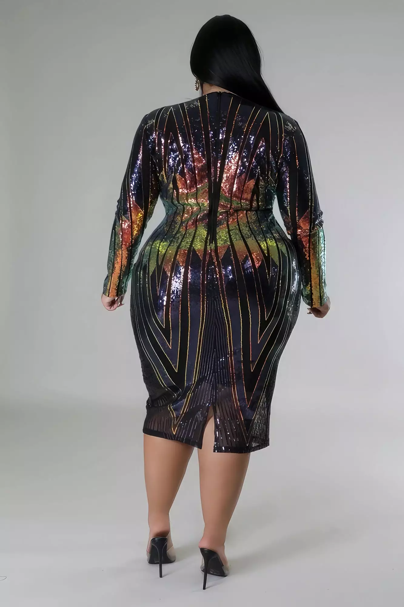 Plus Size Long Sleeve Stretch Multicolor Sequin V-Front Dress