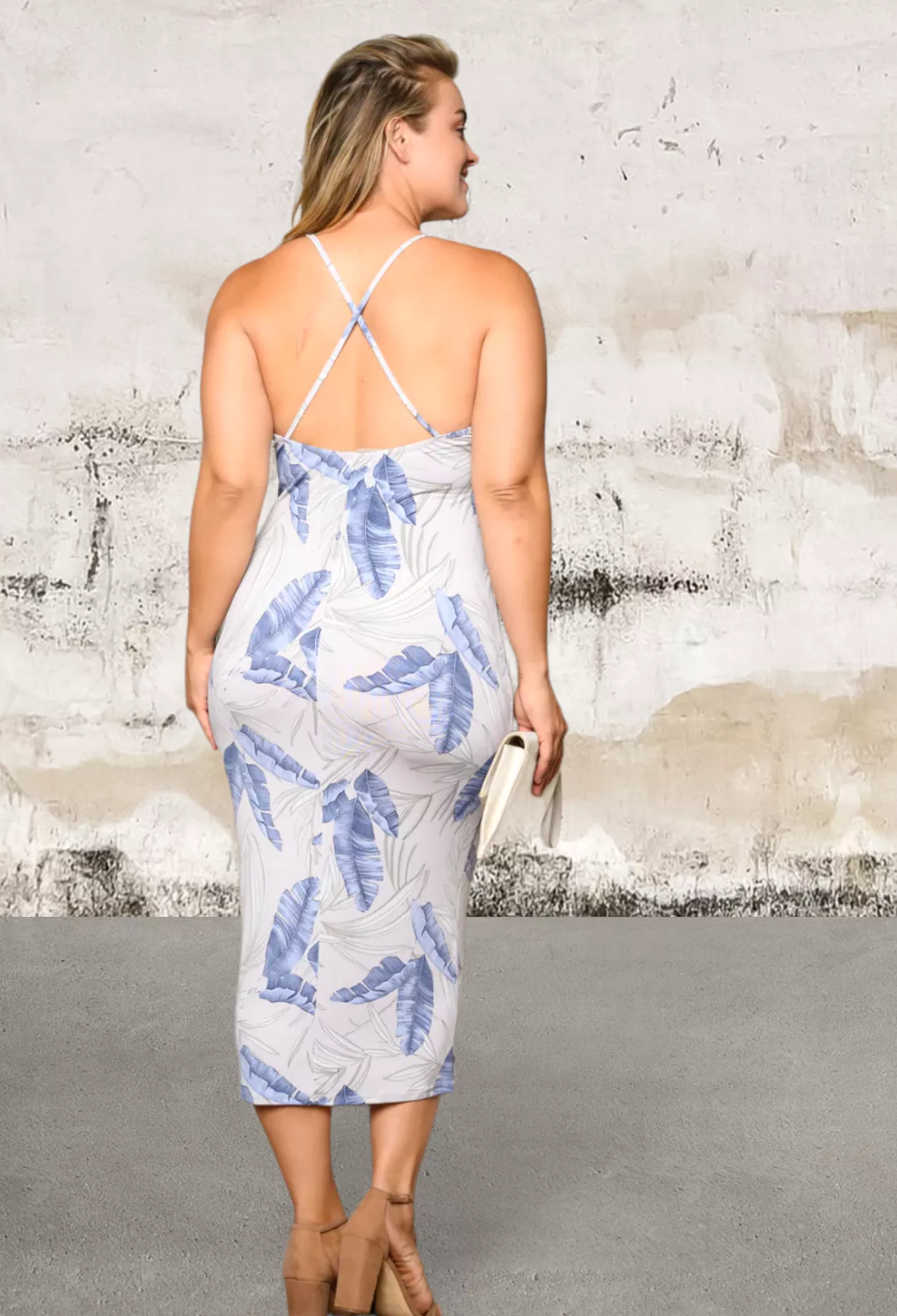 Plus Size Sleeveless Bodycon Leaf Print Midi Dress