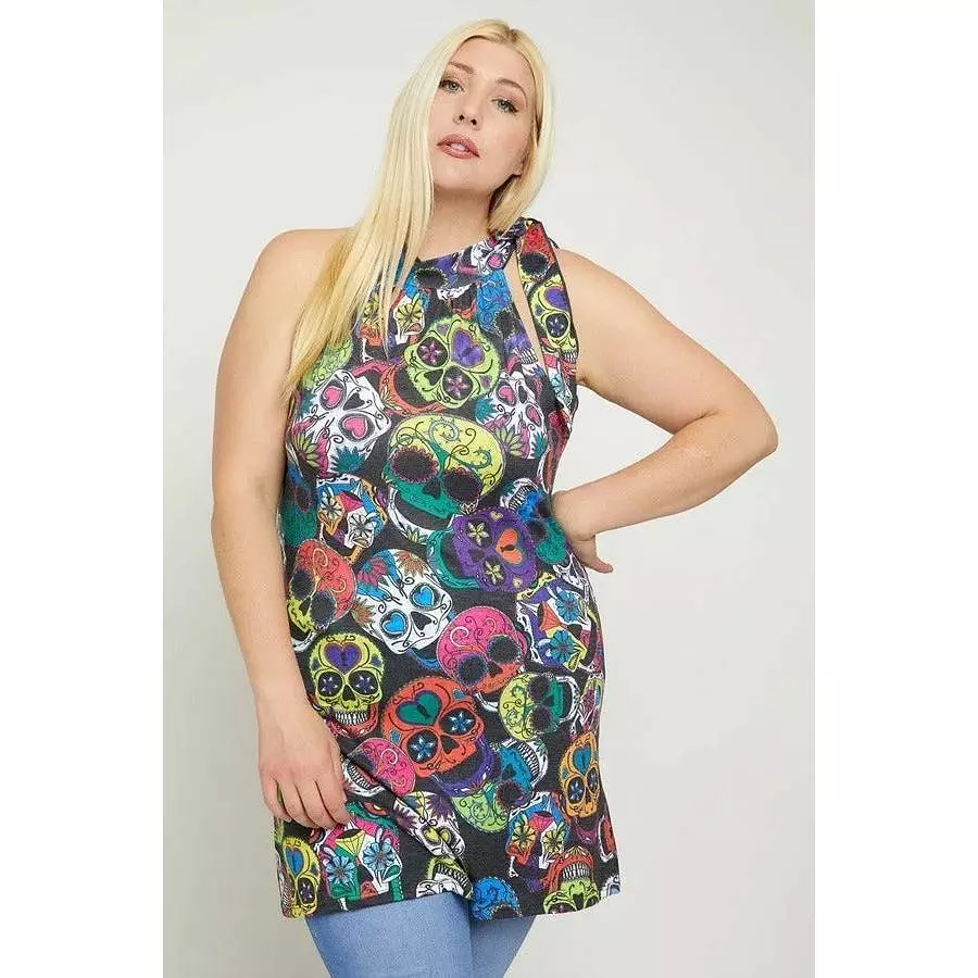 Plus size sleeveless sugar skull print dress