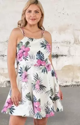 Plus Size Tropical Print Open Back Dress