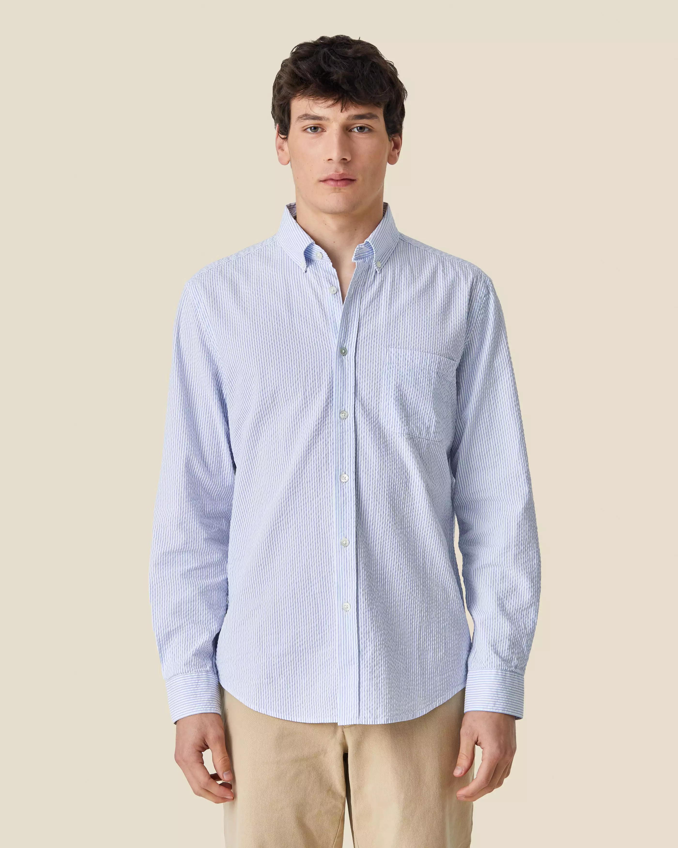 PORTUGUESE FLANNEL Atlantico Seersucker Stripe Blue Shirt