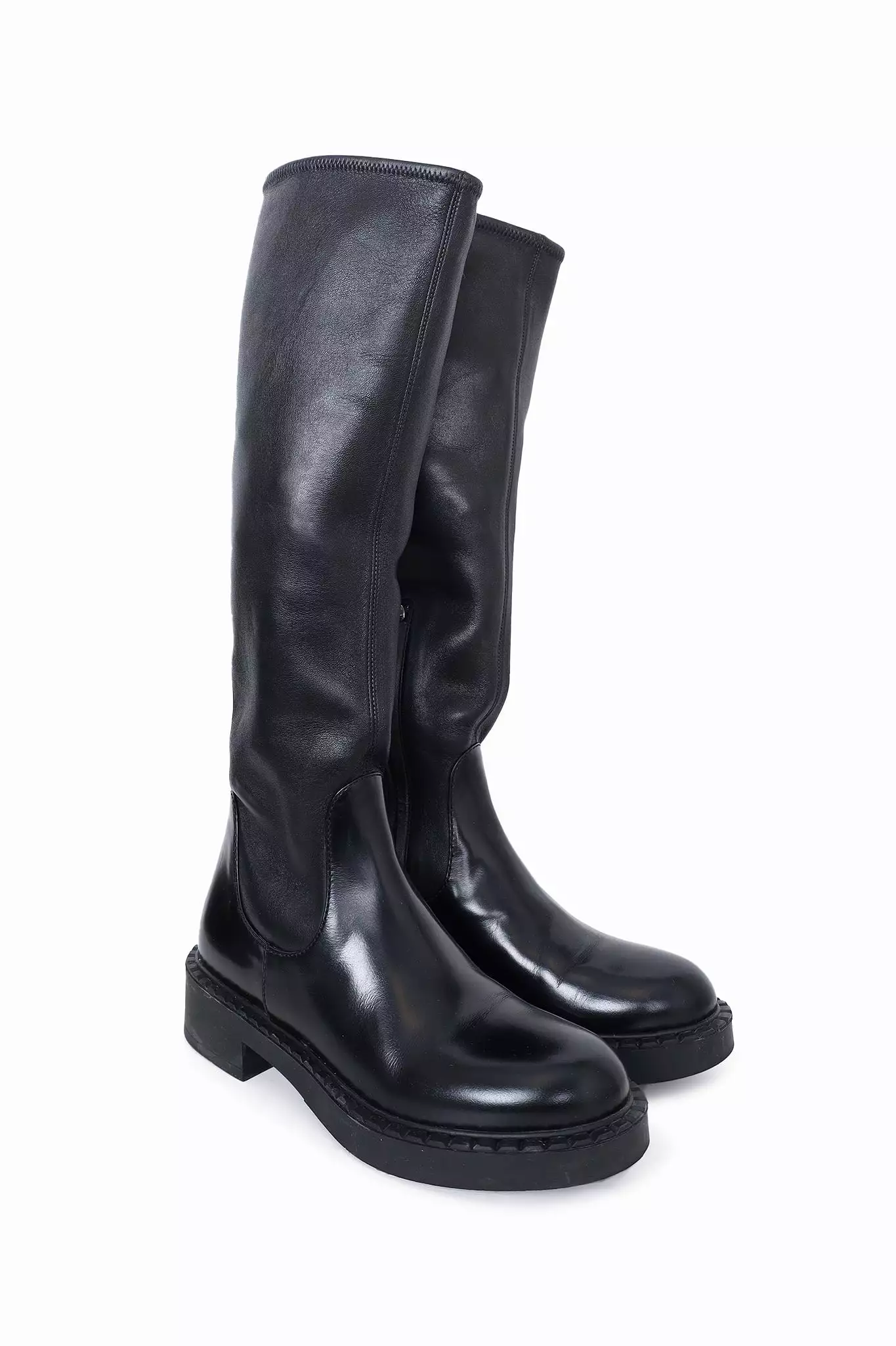 Prada Black Leather Stretch Napa Moto Knee Boots Size 36