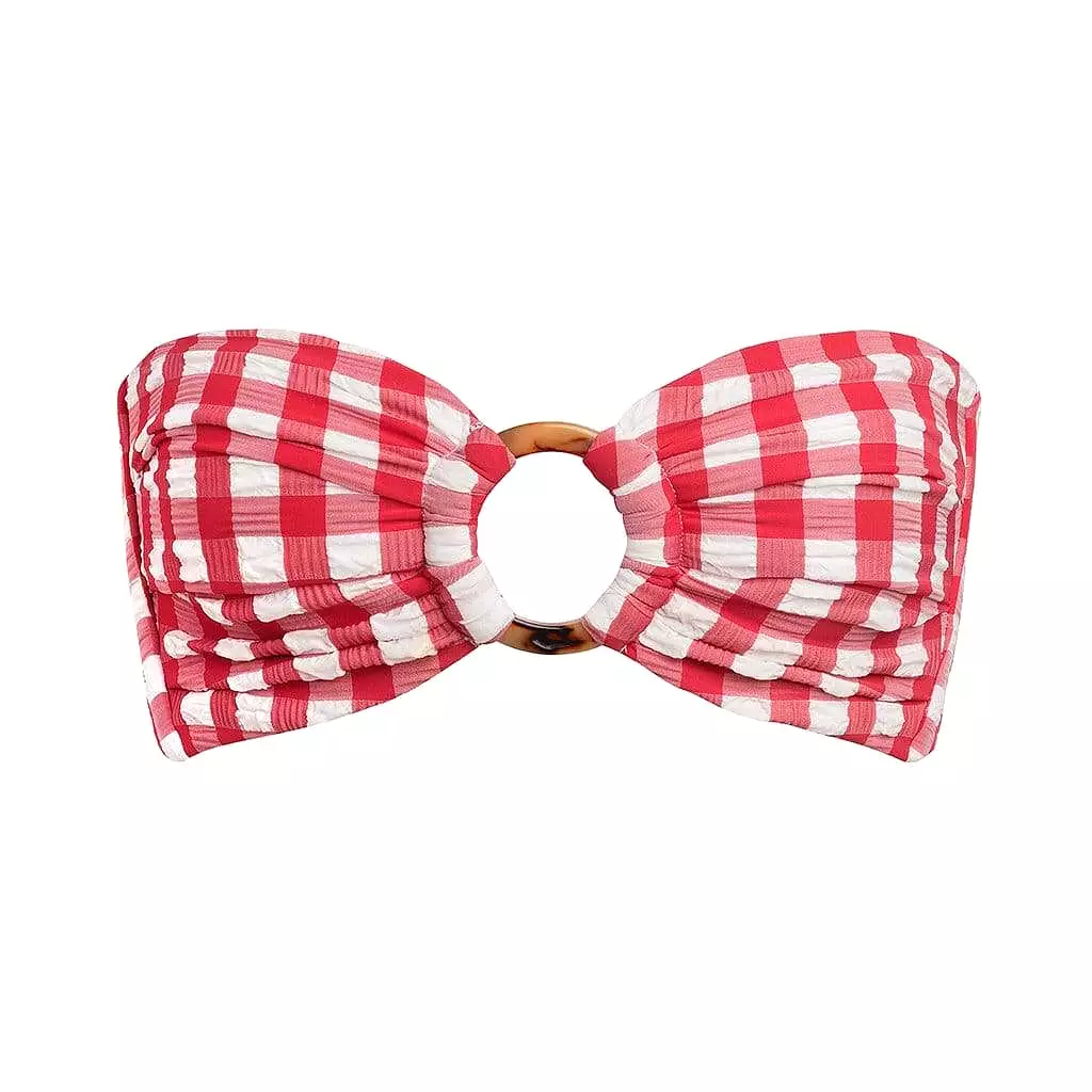 Red Gingham Tori Ties Bandeau Bikini Top