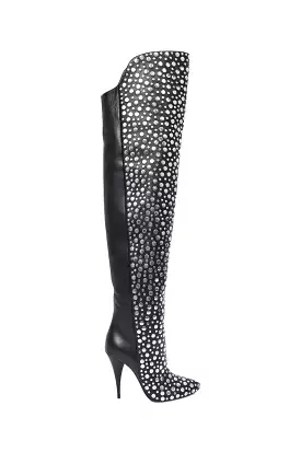 Saint Laurent Black Leather Studded 110 Over The Knee Boots Size 38