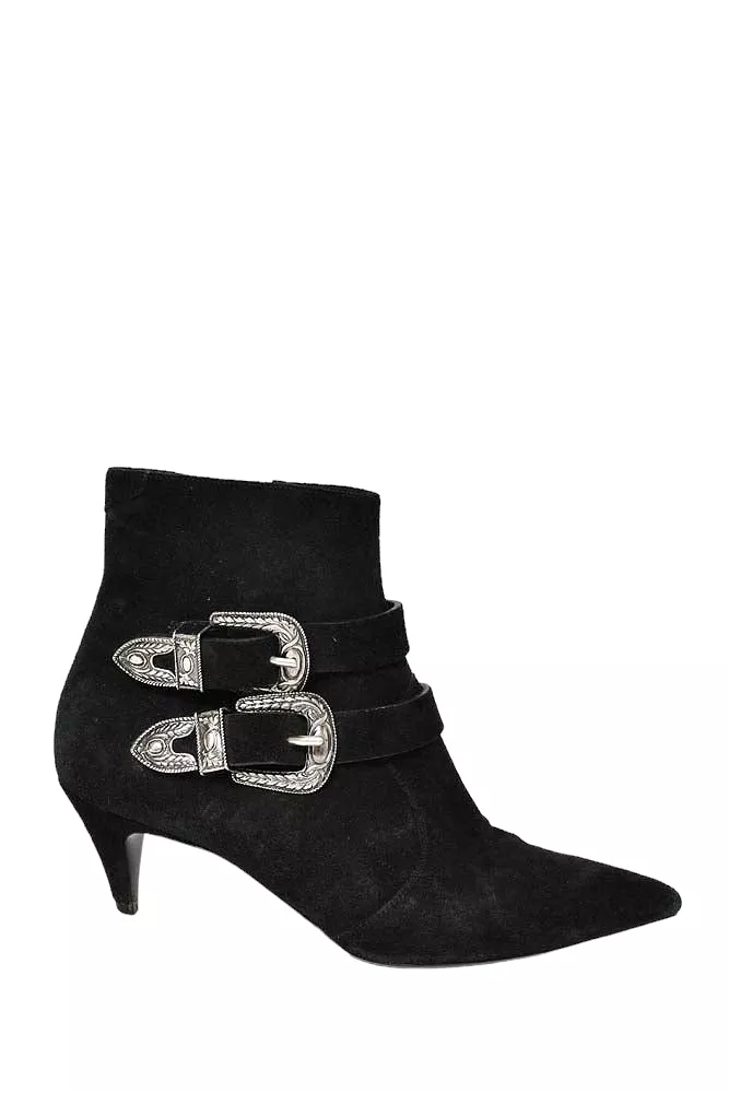 Saint Laurent Black Suede Silver Buckle Kitten Heel Boots Size 39