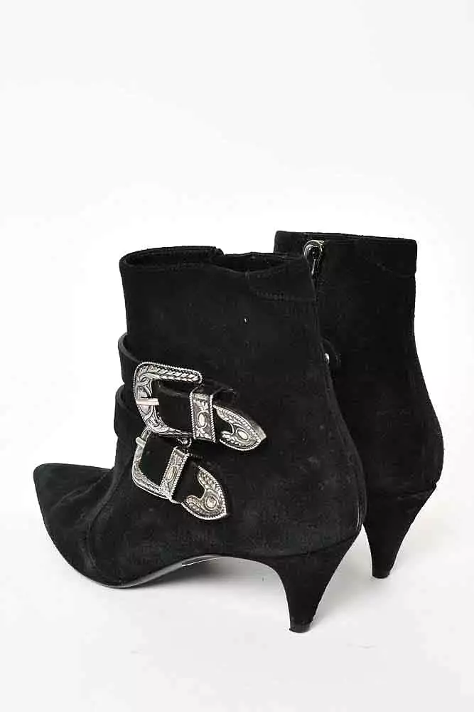 Saint Laurent Black Suede Silver Buckle Kitten Heel Boots Size 39