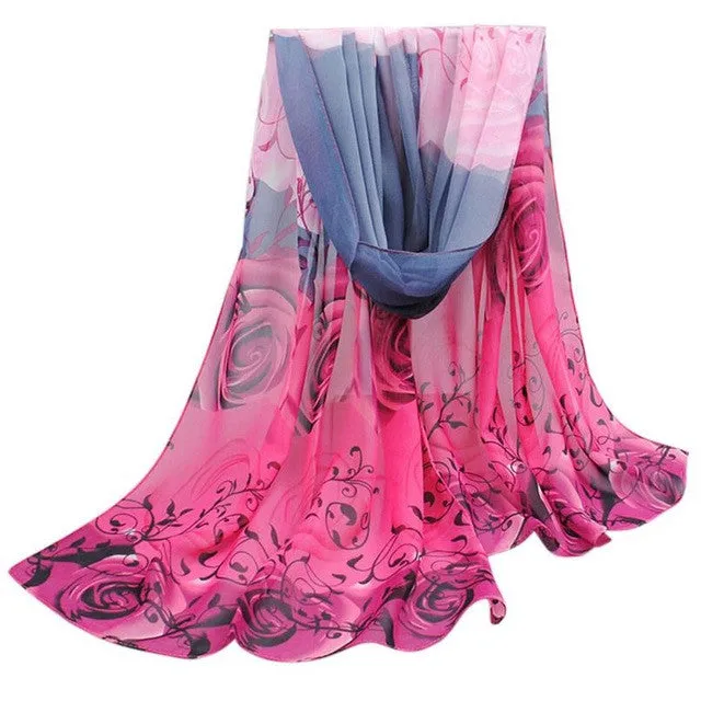 Scarf Women Beautiful Rose Print Pattern Chiffon Shawl Wrap Women Ladies Scarves Female Echarpe Hiver Femme GS