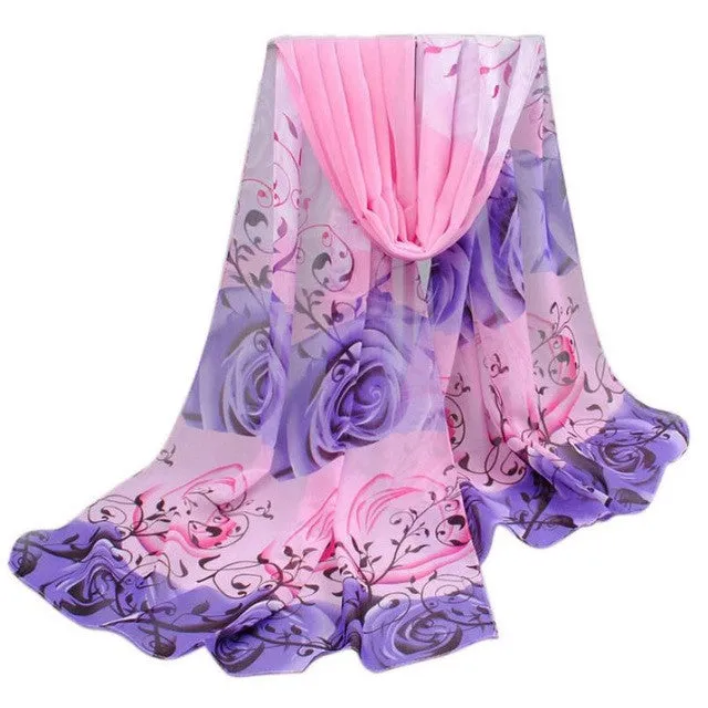 Scarf Women Beautiful Rose Print Pattern Chiffon Shawl Wrap Women Ladies Scarves Female Echarpe Hiver Femme GS