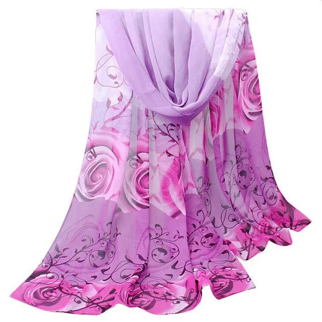 Scarf Women Beautiful Rose Print Pattern Chiffon Shawl Wrap Women Ladies Scarves Female Echarpe Hiver Femme GS