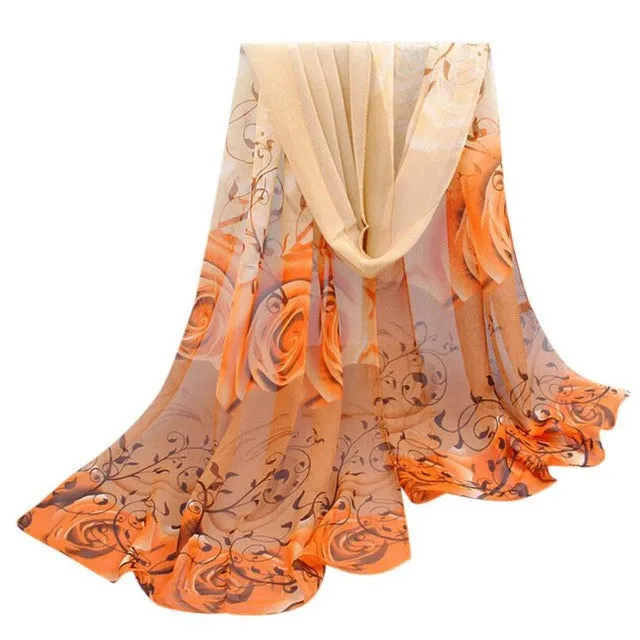 Scarf Women Beautiful Rose Print Pattern Chiffon Shawl Wrap Women Ladies Scarves Female Echarpe Hiver Femme GS