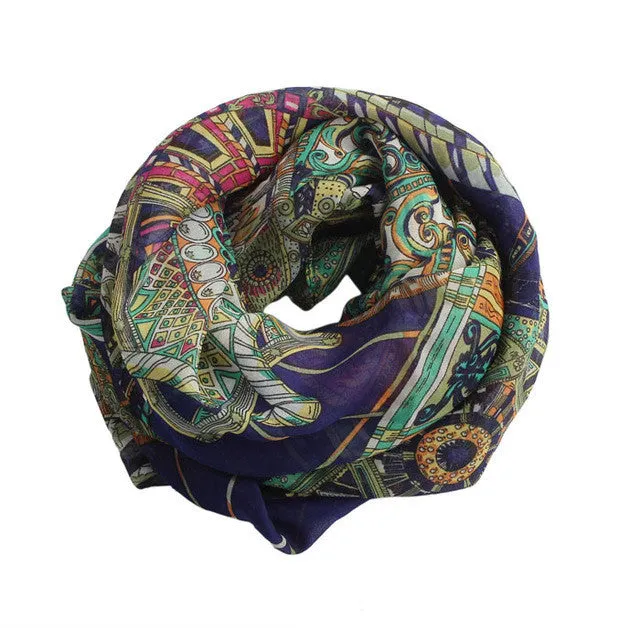 Scarf Women Chiffon Vintage Wheel Printed Autumn Winter Scarf Echarpe Hiver Femme#A12 SM6