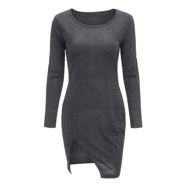 Sexy Elegant Dress Women  Fashion Cotton Side Splite Dress Women Party Bodycon Dresses Ladies  Vestidos Black Grey #23 GS