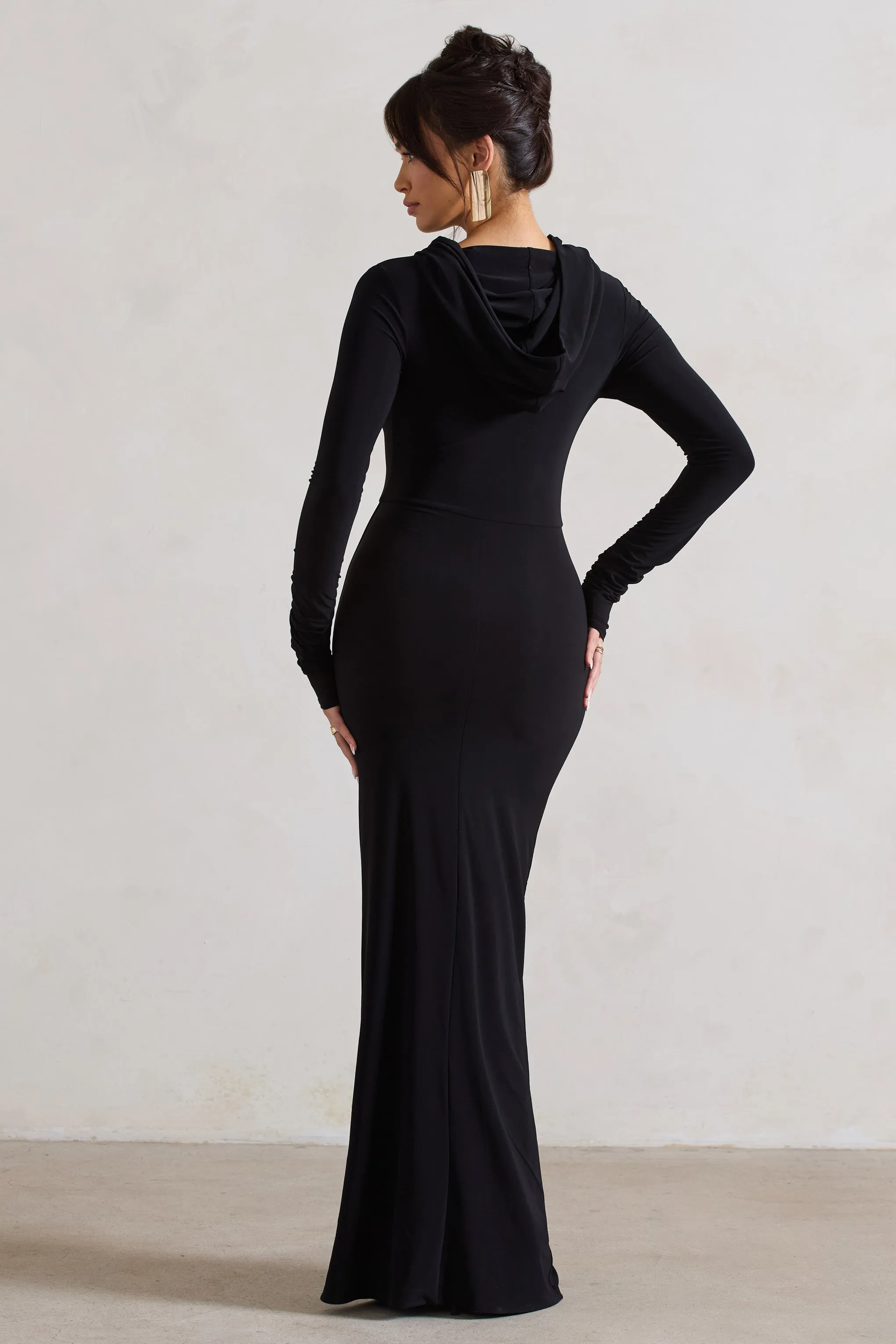 Shira | Black Long-Sleeve Hooded Maxi Dress