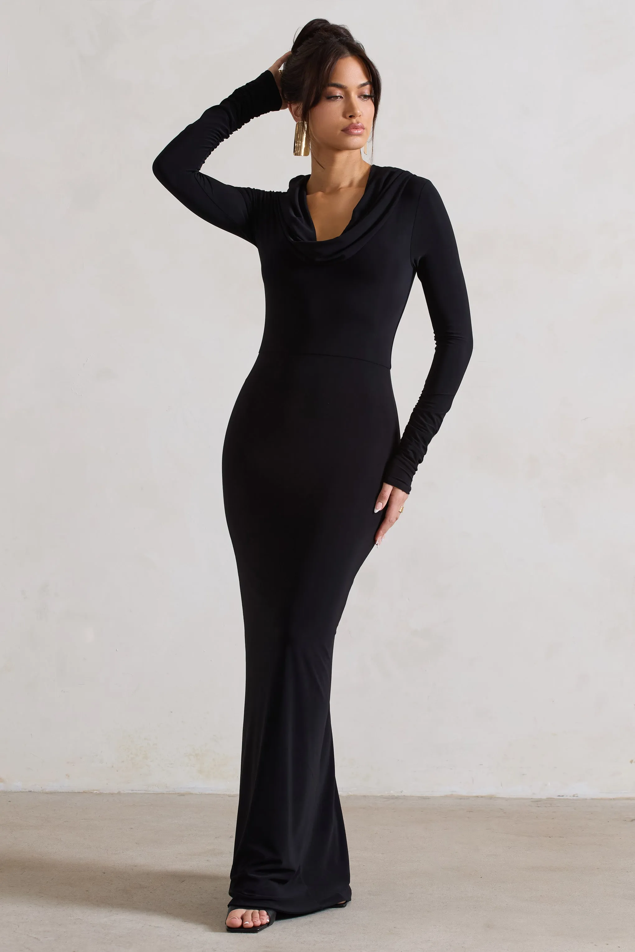 Shira | Black Long-Sleeve Hooded Maxi Dress