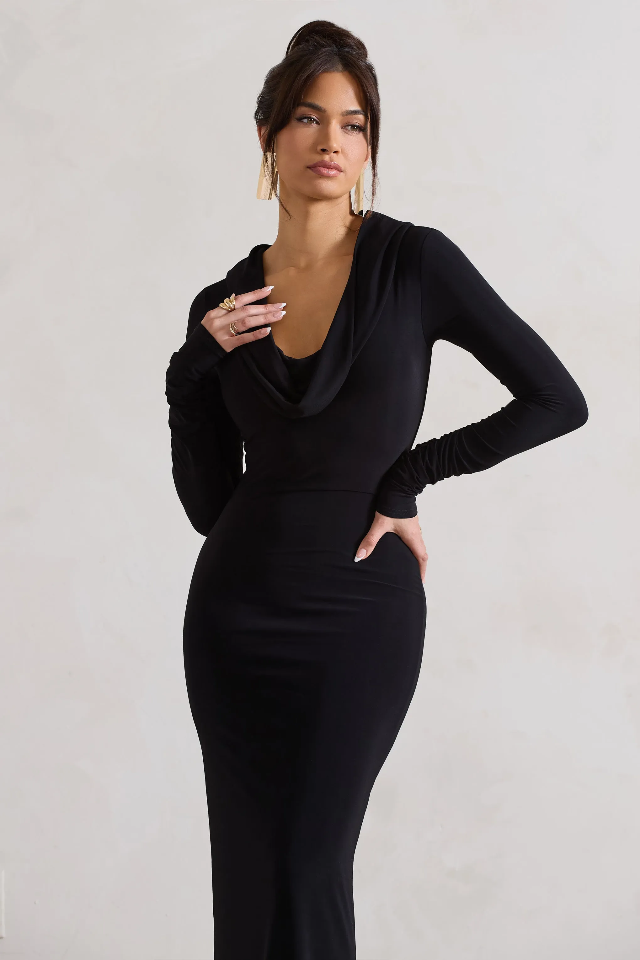 Shira | Black Long-Sleeve Hooded Maxi Dress