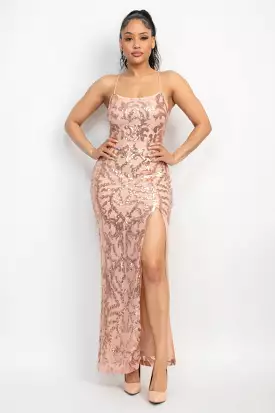 Sleeveless Sequin back-crisscross tie slit dress