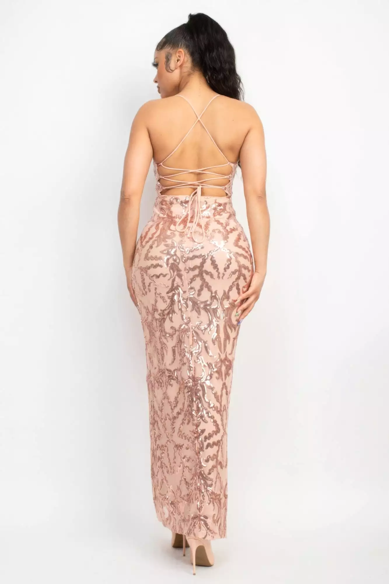 Sleeveless Sequin back-crisscross tie slit dress