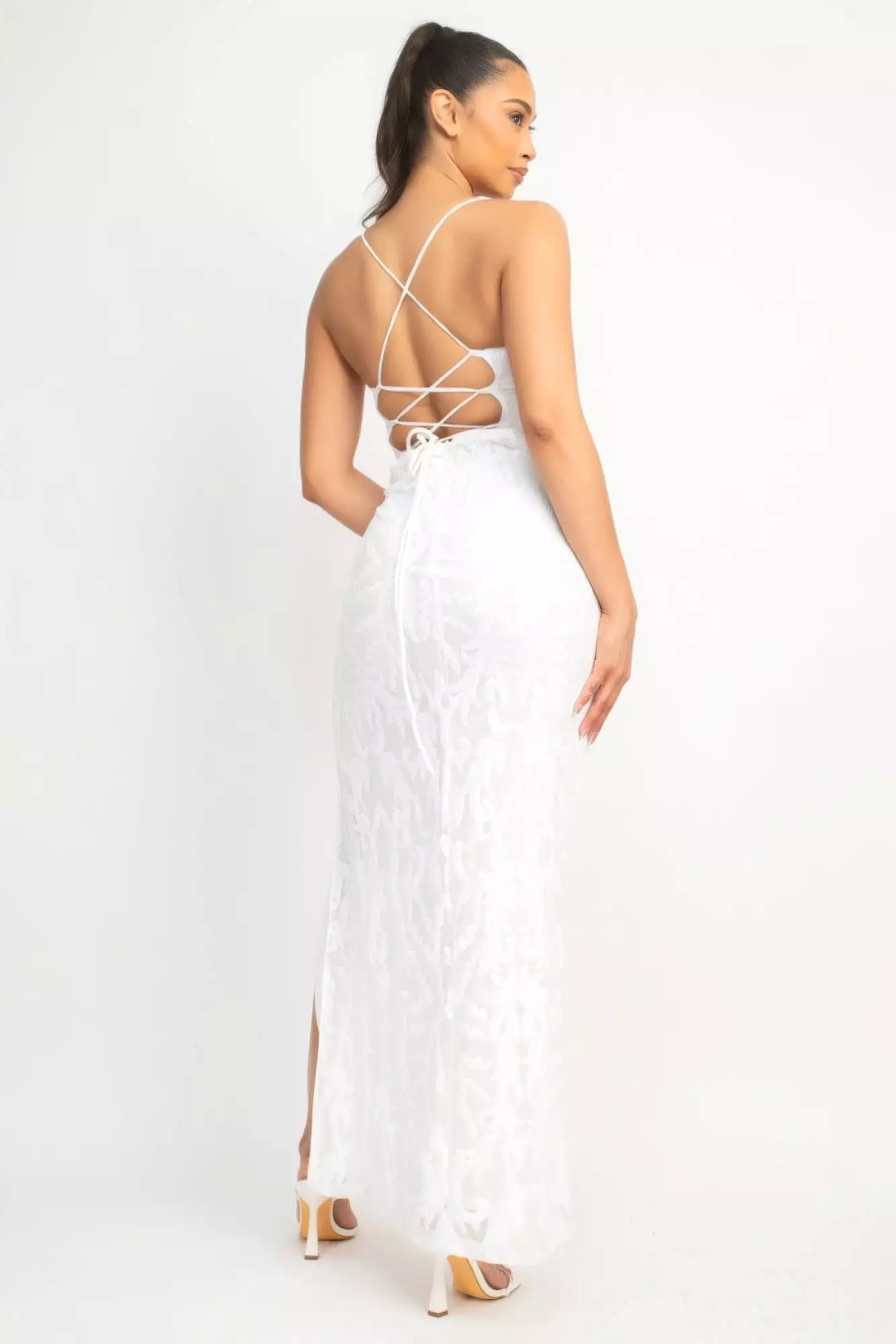 Sleeveless Sequin Crisscross Back Tie Slit Dress