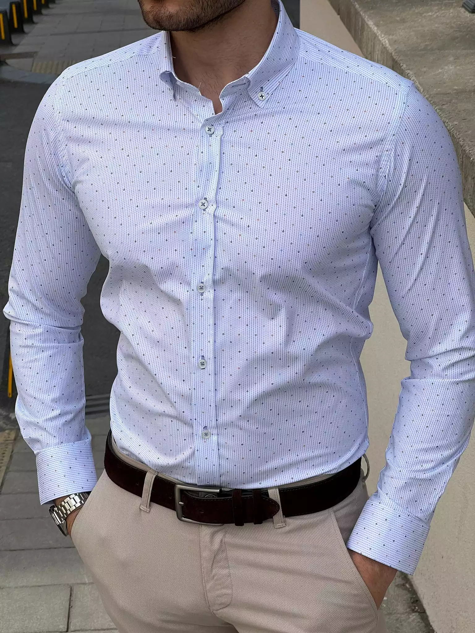 Slim Fit Patterned Cotton Blue Shirt