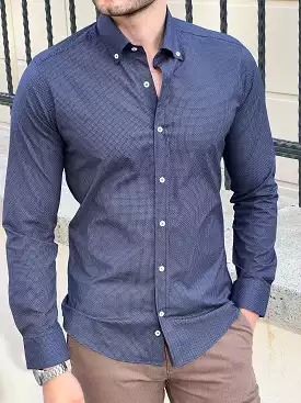 Slim Fit Patterned Cotton Navy blue Shirt