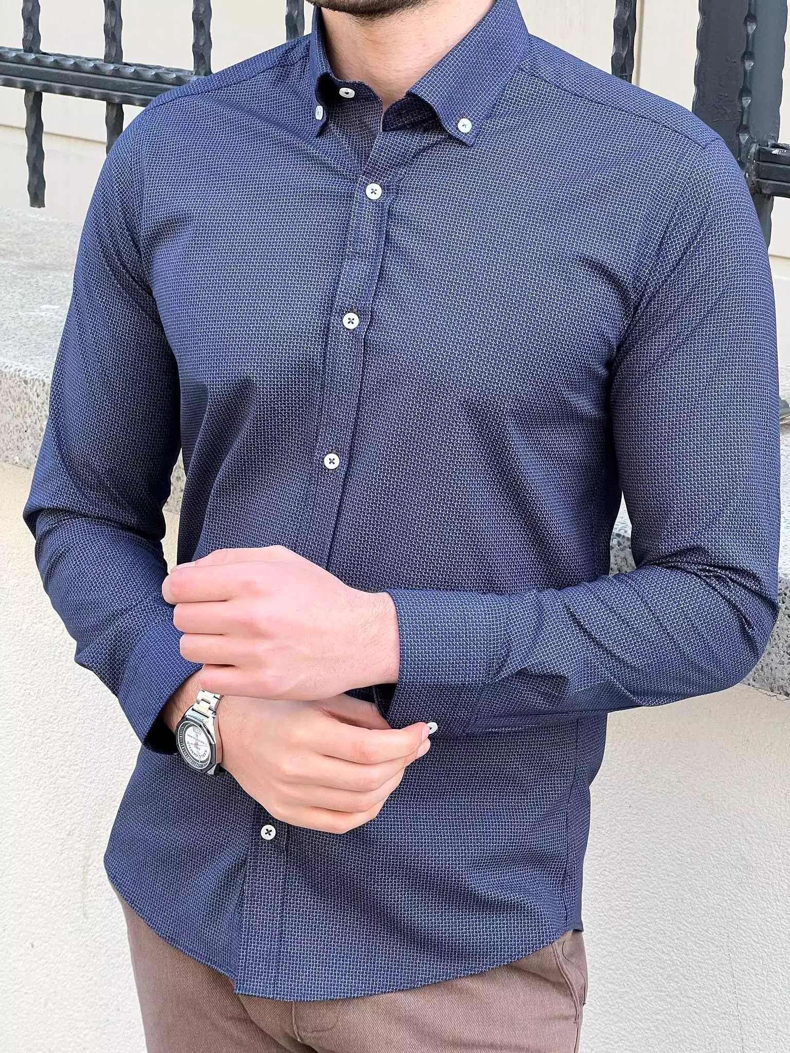 Slim Fit Patterned Cotton Navy blue Shirt