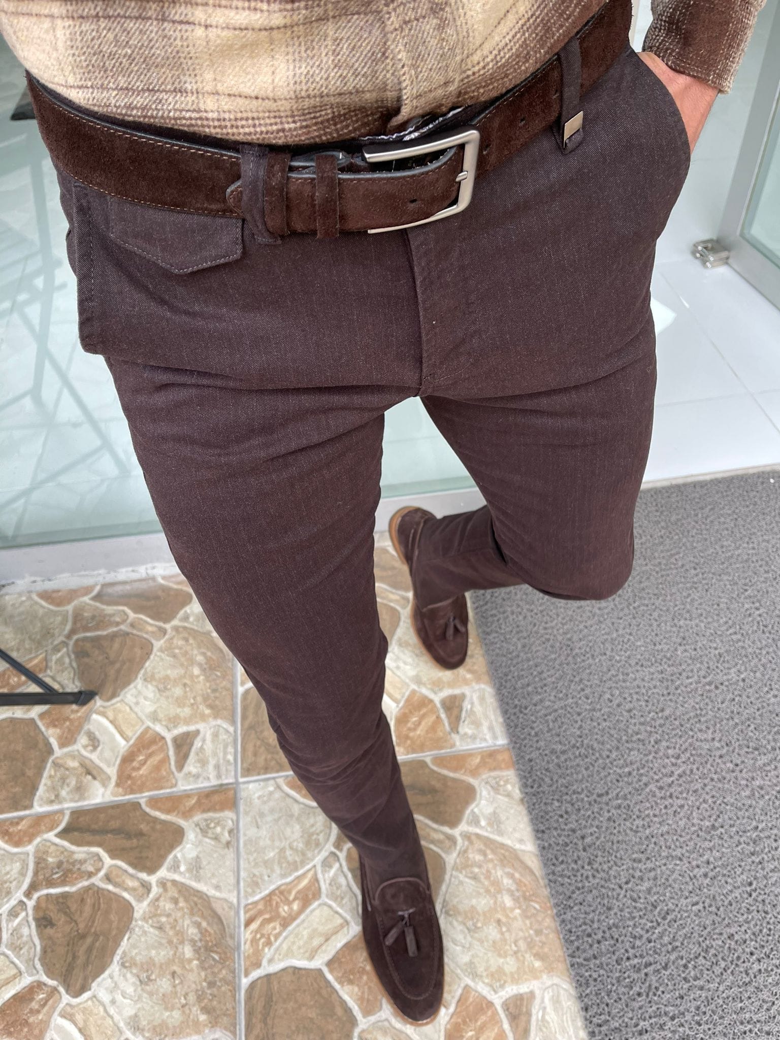 Slim Fit Side Pocket Navy Brown Pants