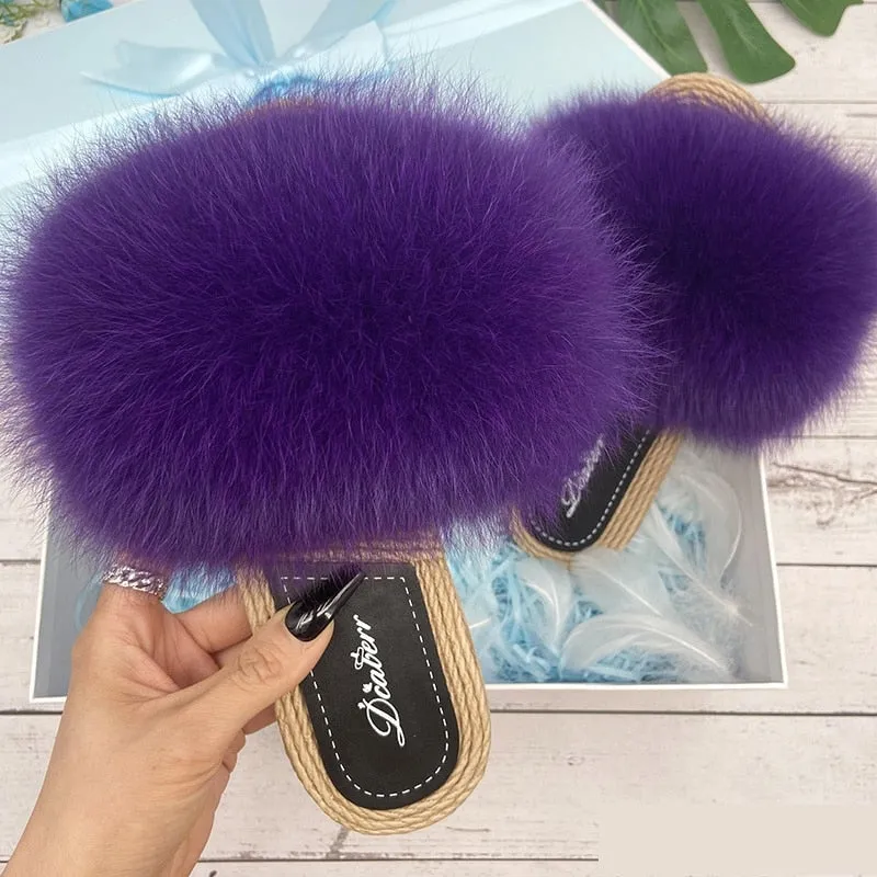 Summer Natural Fox Fur Fluffy synthetic Straw Flat Indoor Slippers for Women