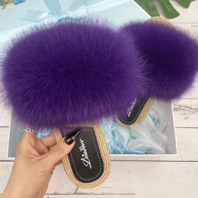 Summer Natural Fox Fur Fluffy synthetic Straw Flat Indoor Slippers for Women