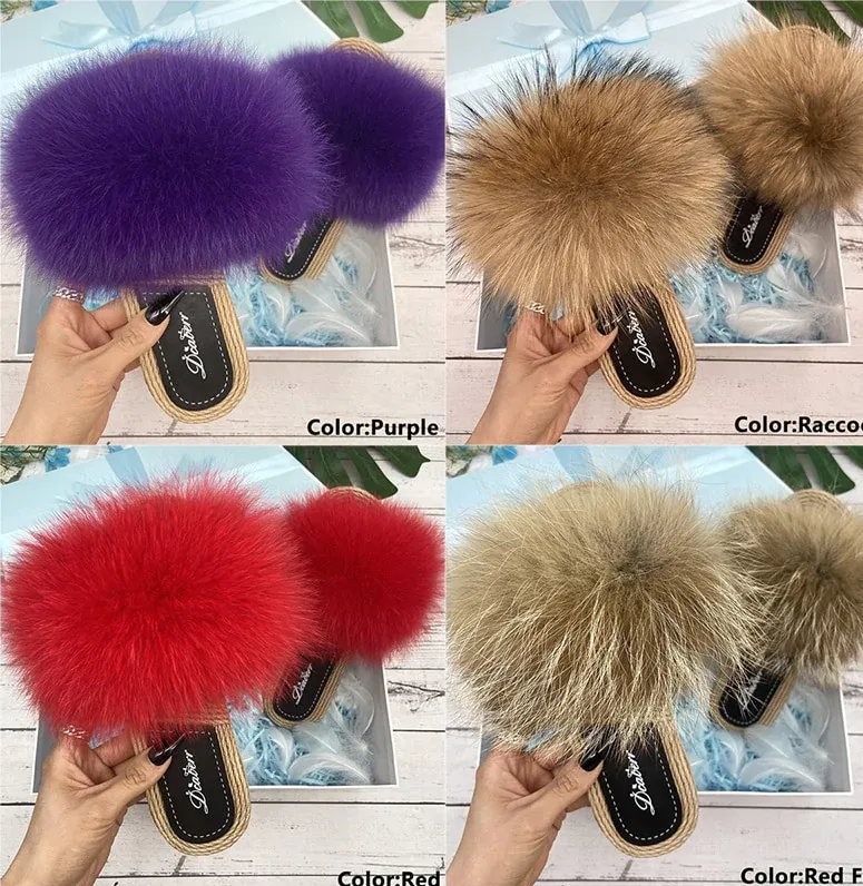 Summer Natural Fox Fur Fluffy synthetic Straw Flat Indoor Slippers for Women