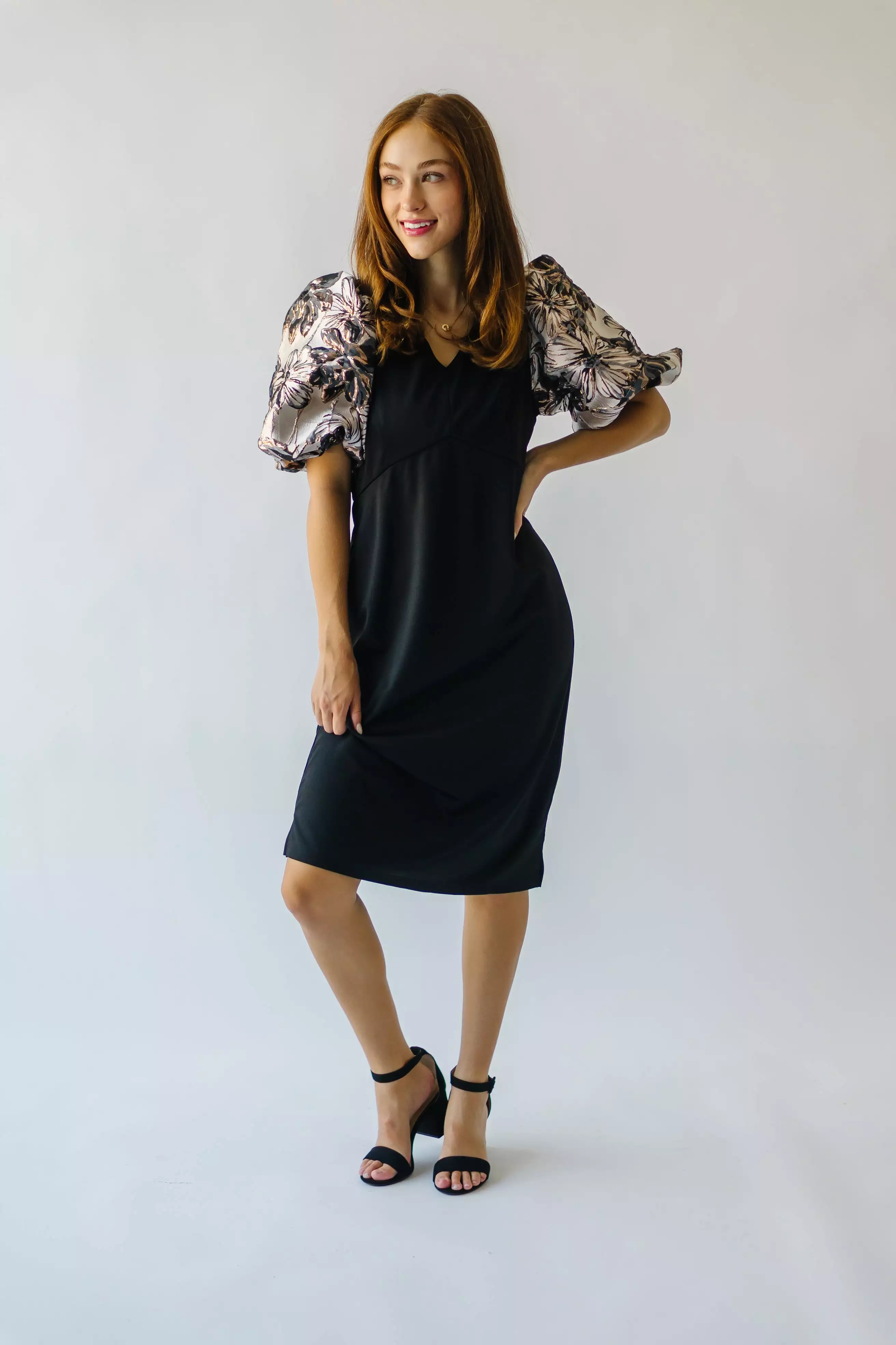 The Brigston Patterned Puff Sleeve Dress in Black