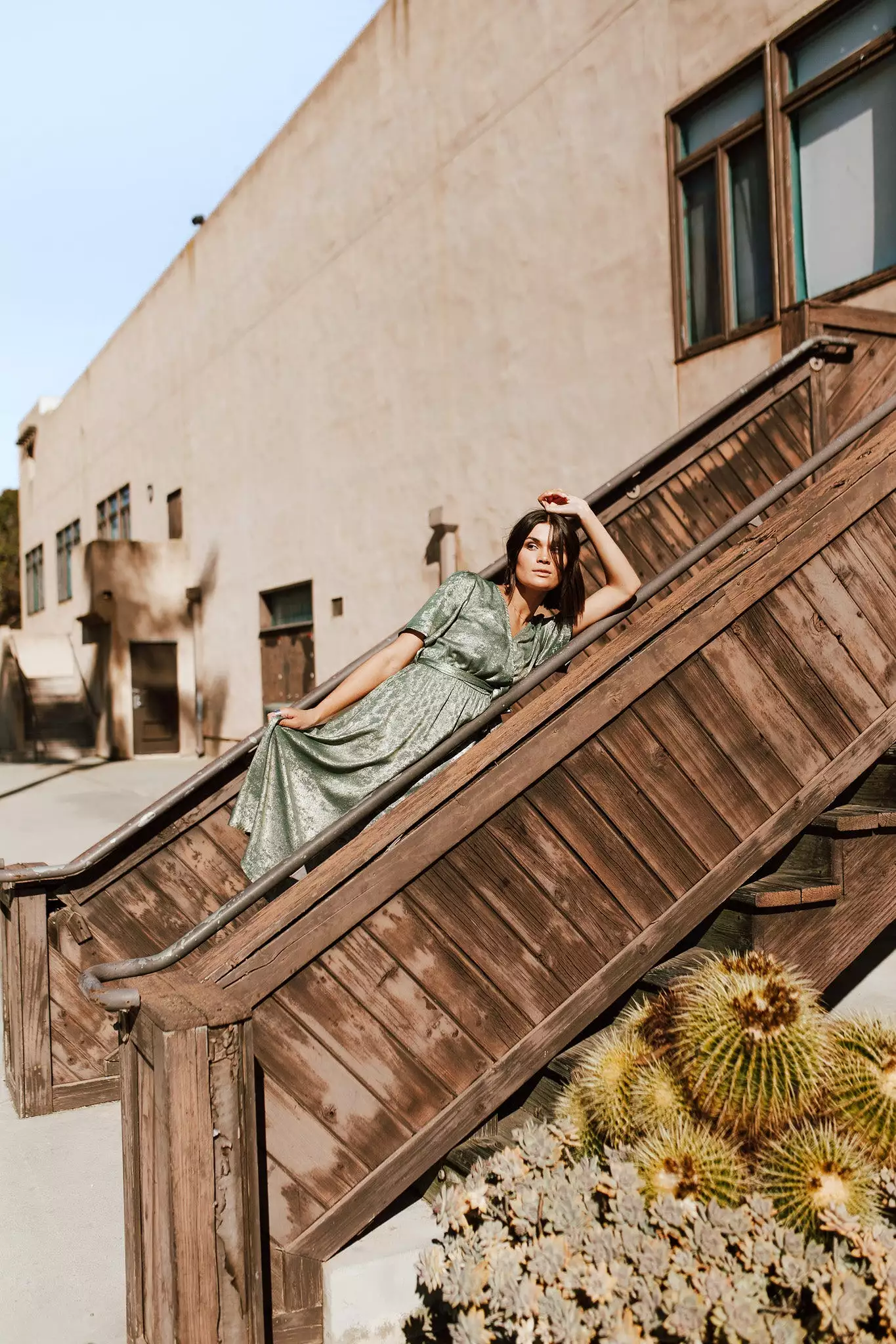 The Elaine Tie Detail Dress in Olive Metallic