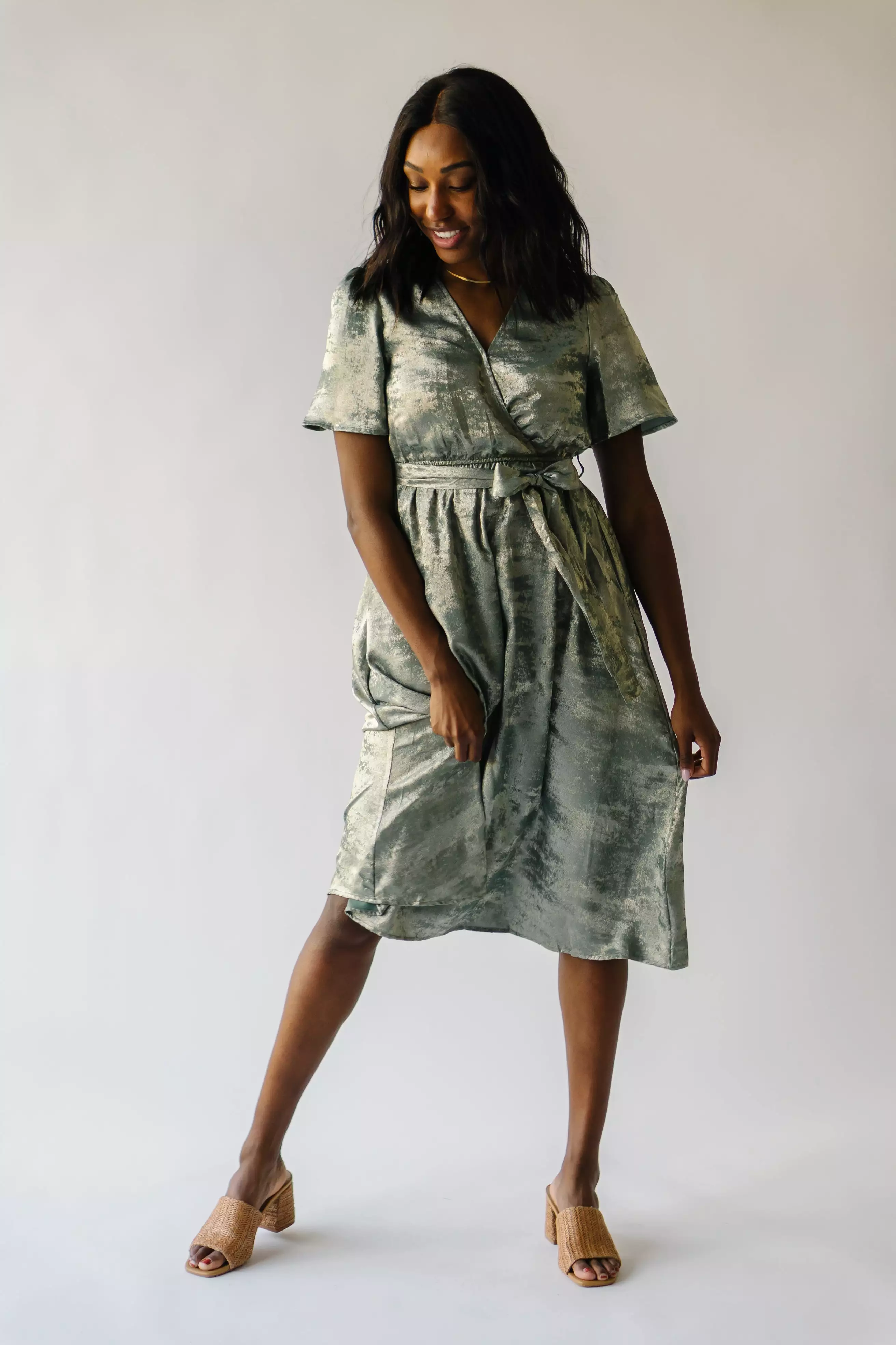 The Elaine Tie Detail Dress in Olive Metallic