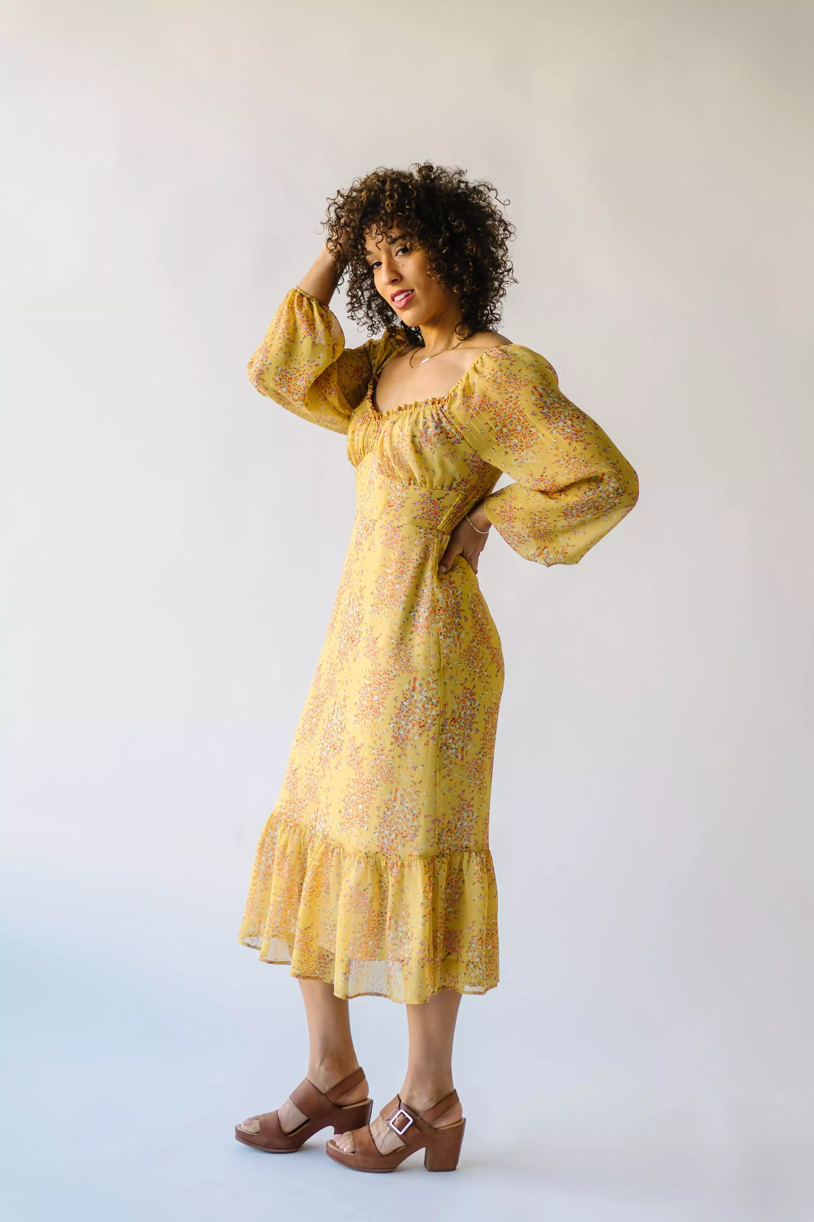 The Ferndale Patterned Midi Dress in Yellow Floral