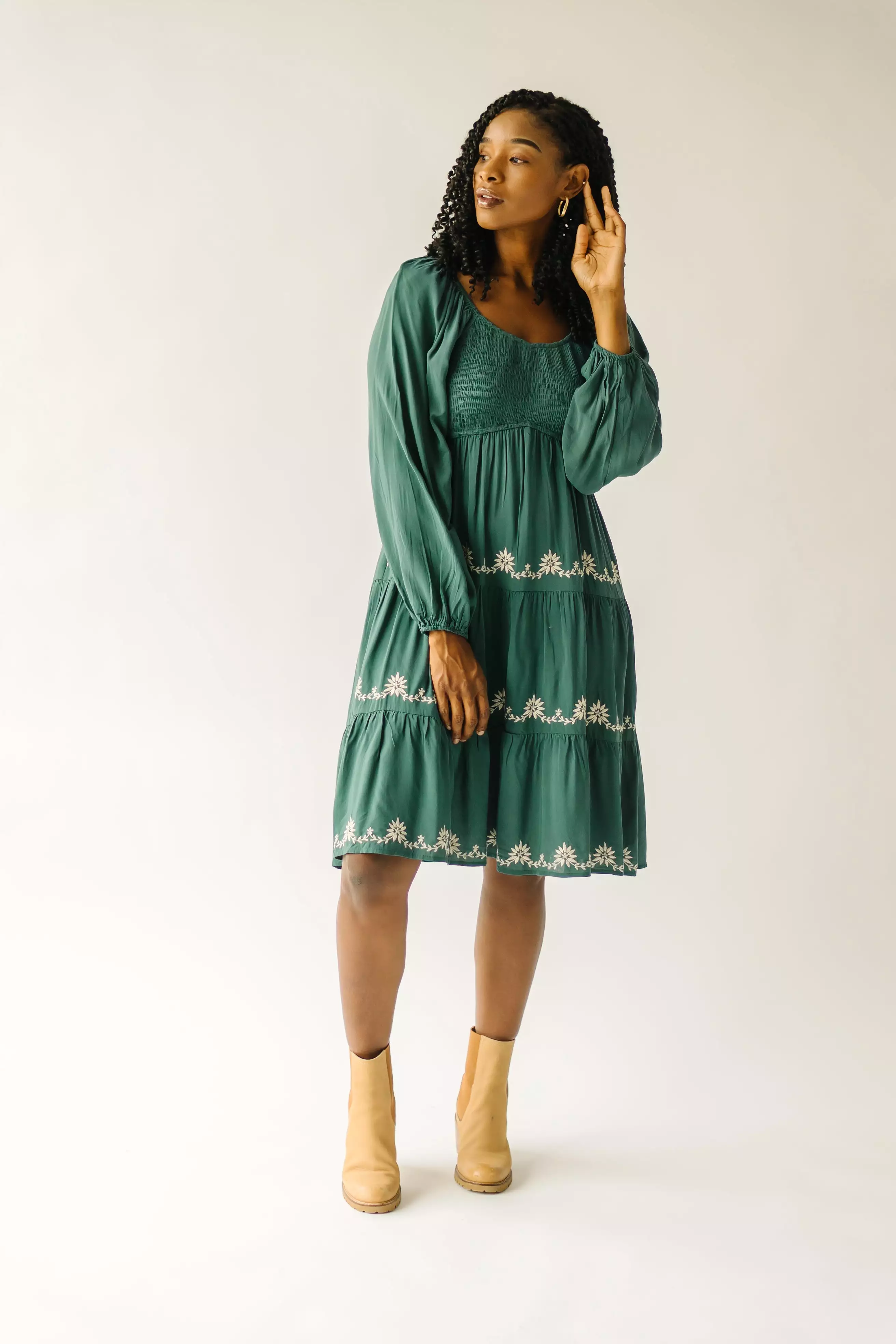 The Havana Embroidered Detail Dress in Hunter Green