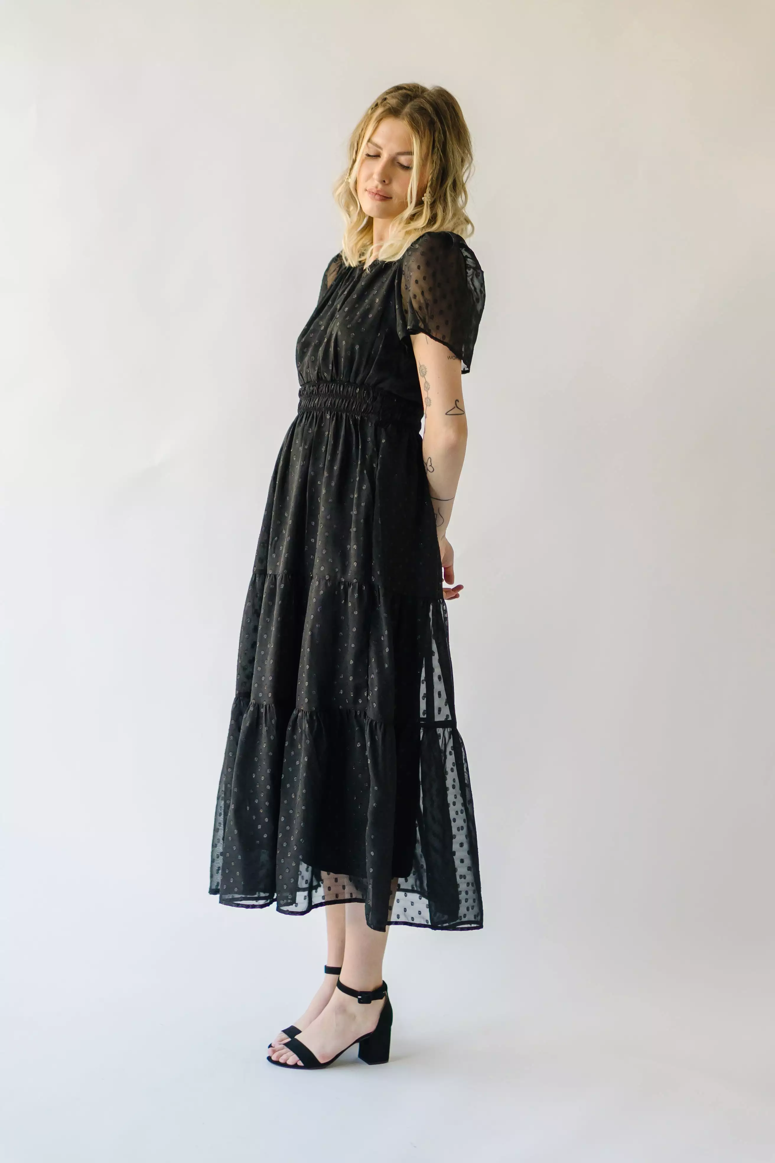 The Hobson Tiered Midi Dress in Black Metallic