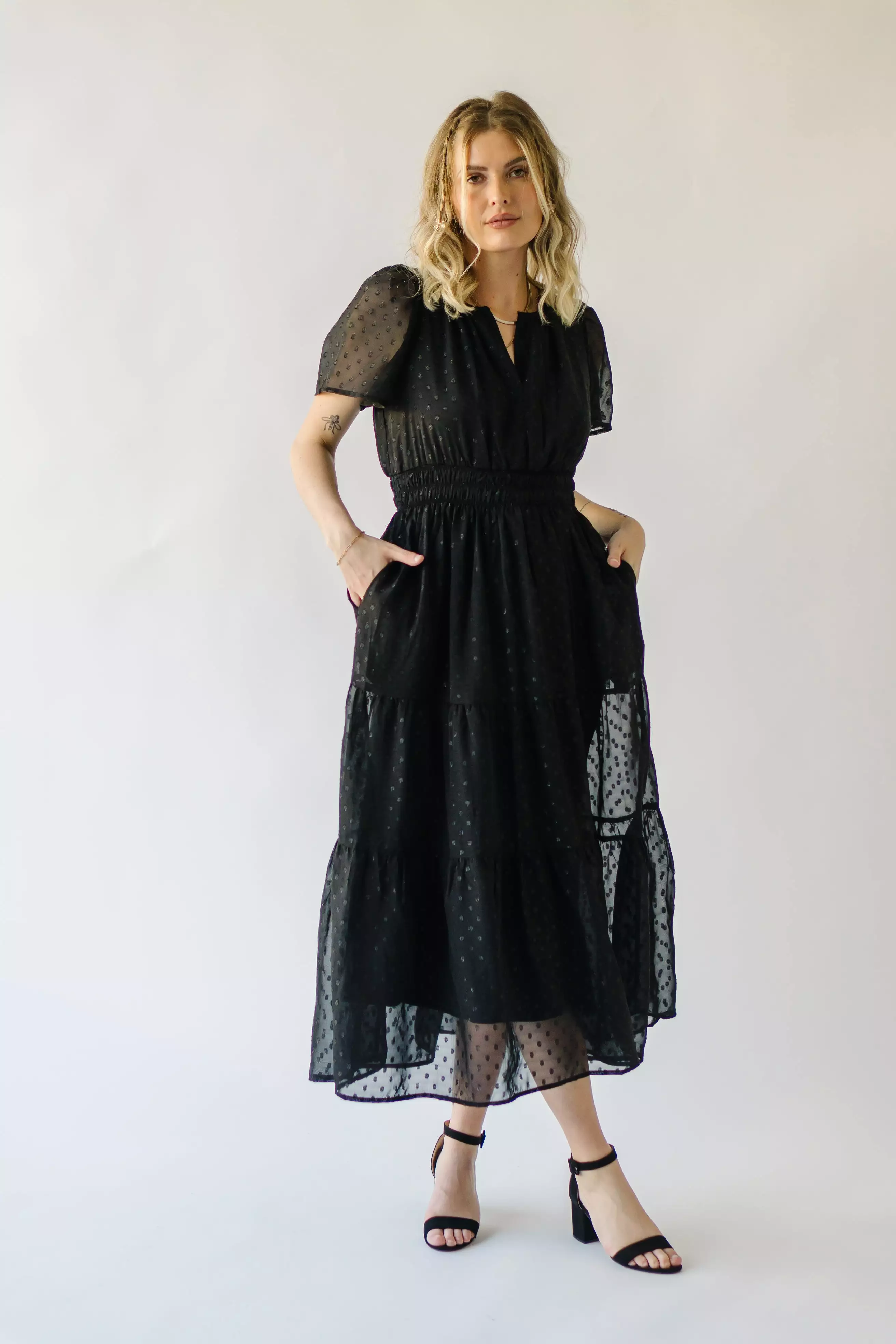 The Hobson Tiered Midi Dress in Black Metallic