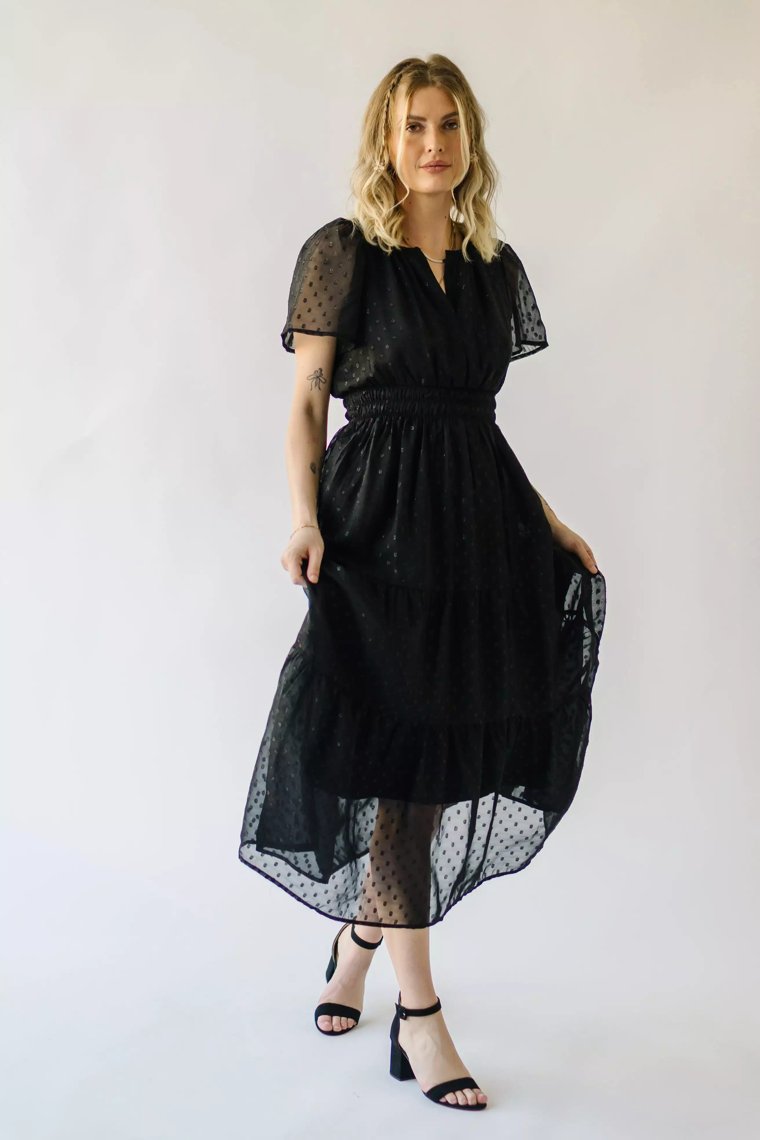 The Hobson Tiered Midi Dress in Black Metallic