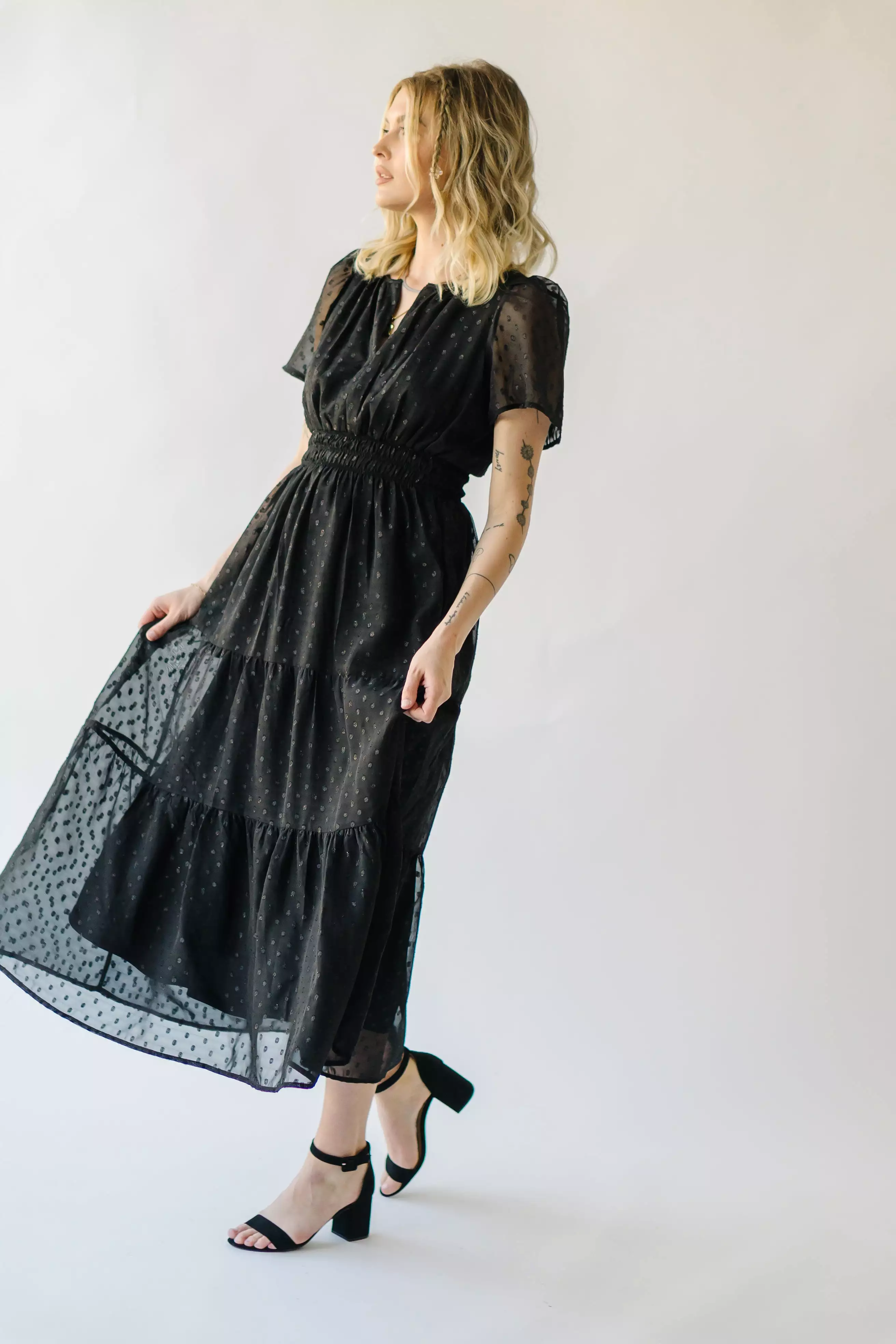 The Hobson Tiered Midi Dress in Black Metallic