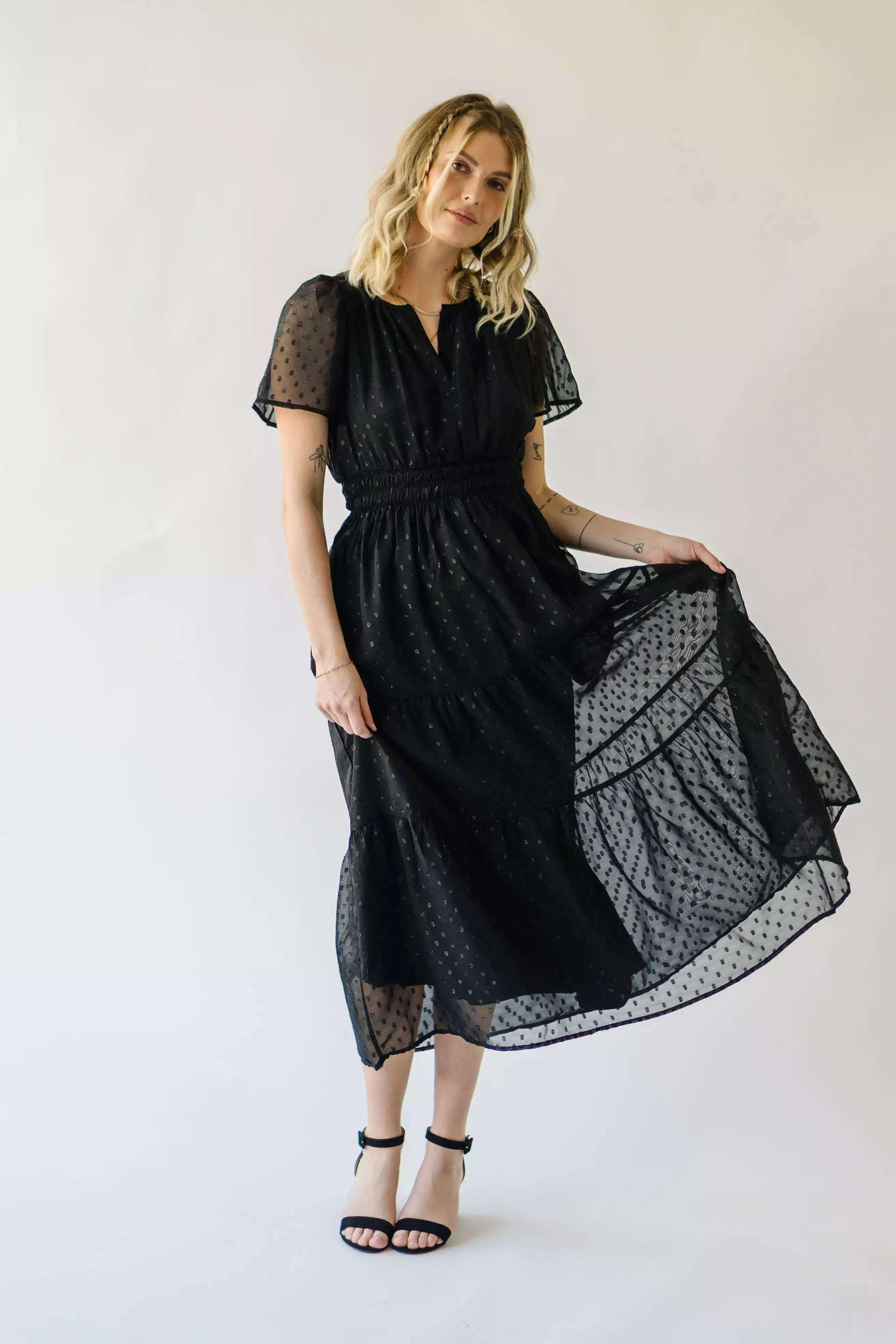 The Hobson Tiered Midi Dress in Black Metallic