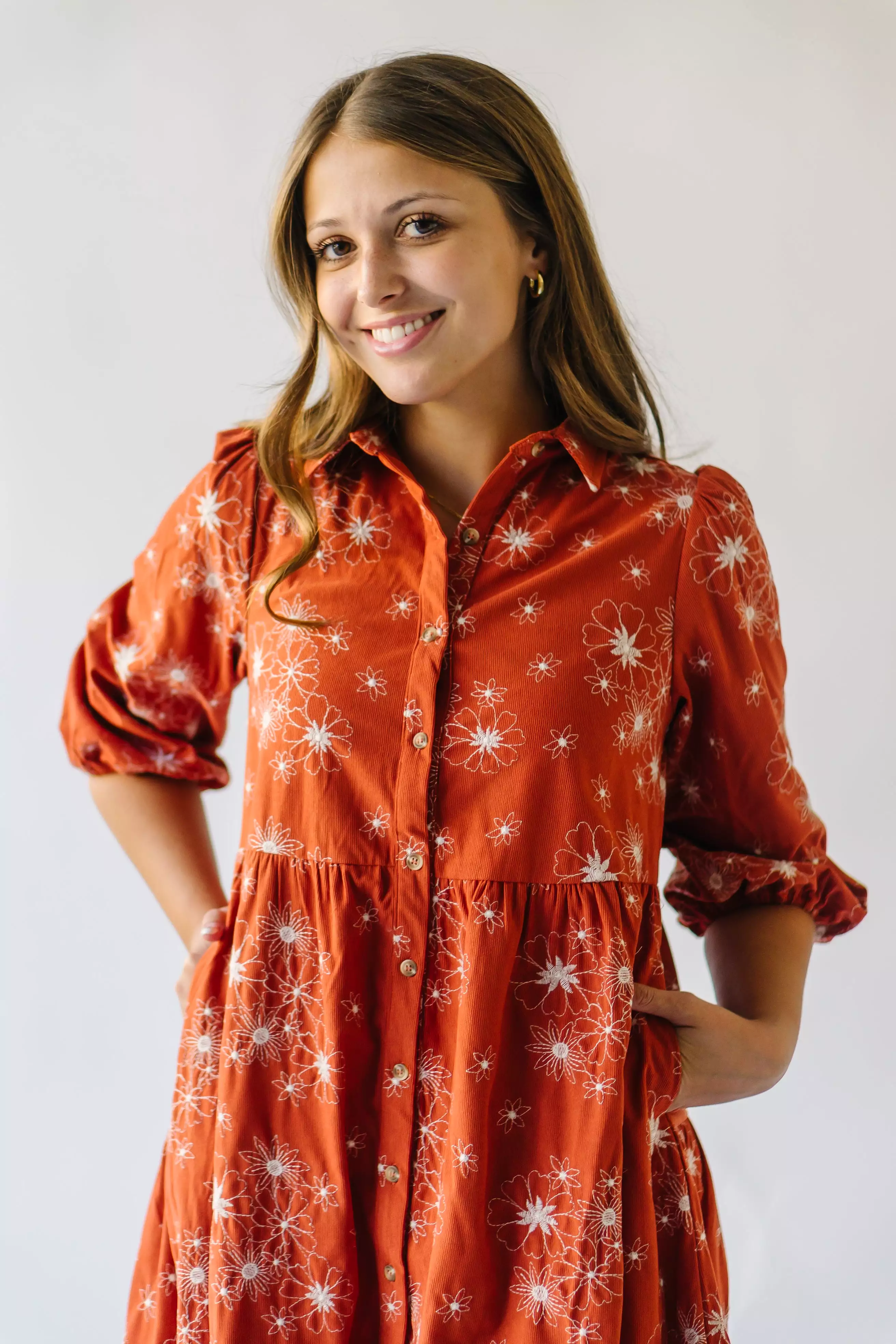 The Kailen Button-Down Patterned Dress in Rust