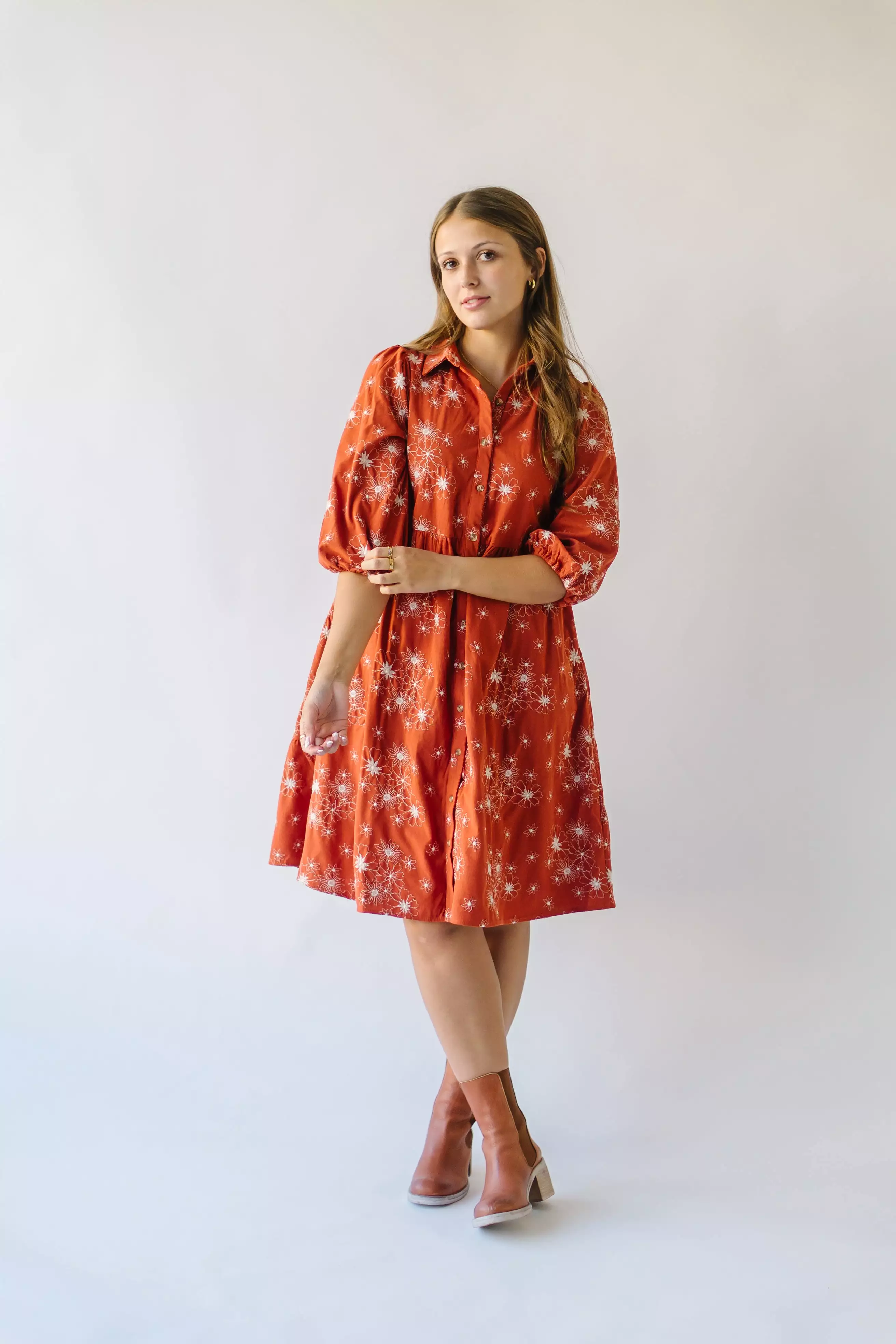 The Kailen Button-Down Patterned Dress in Rust