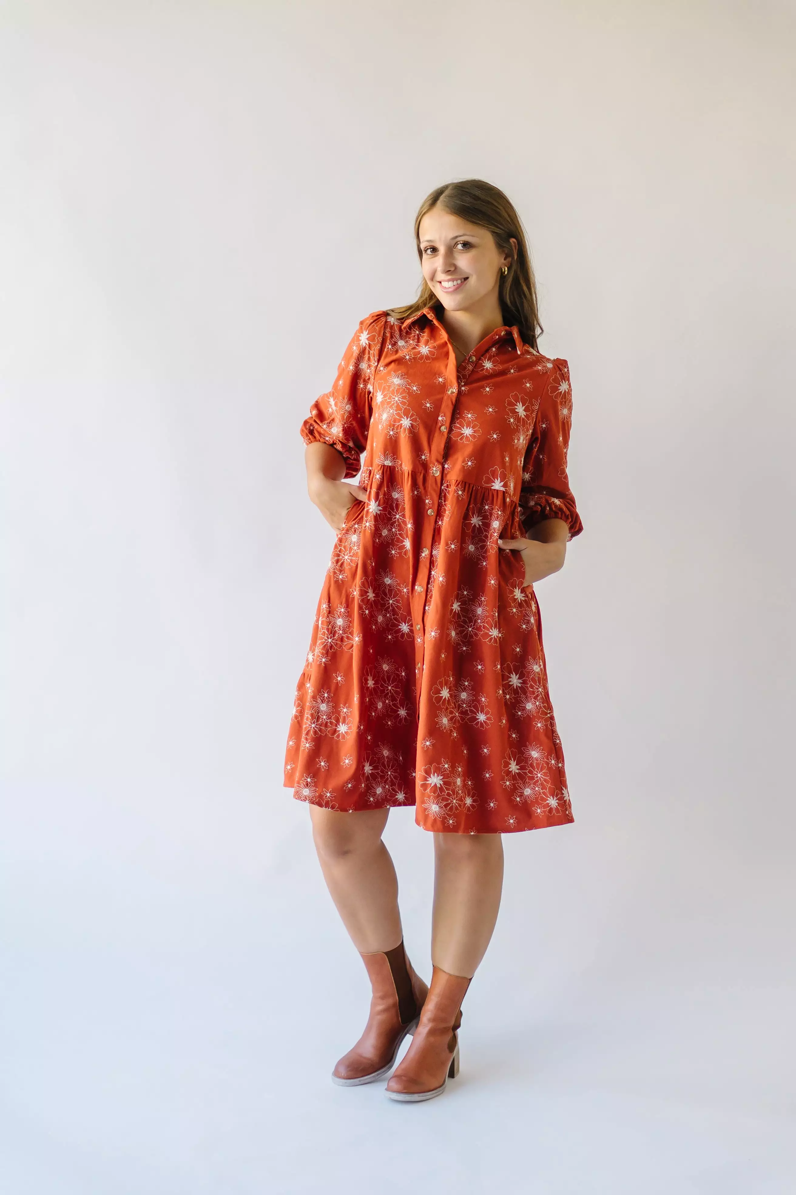 The Kailen Button-Down Patterned Dress in Rust