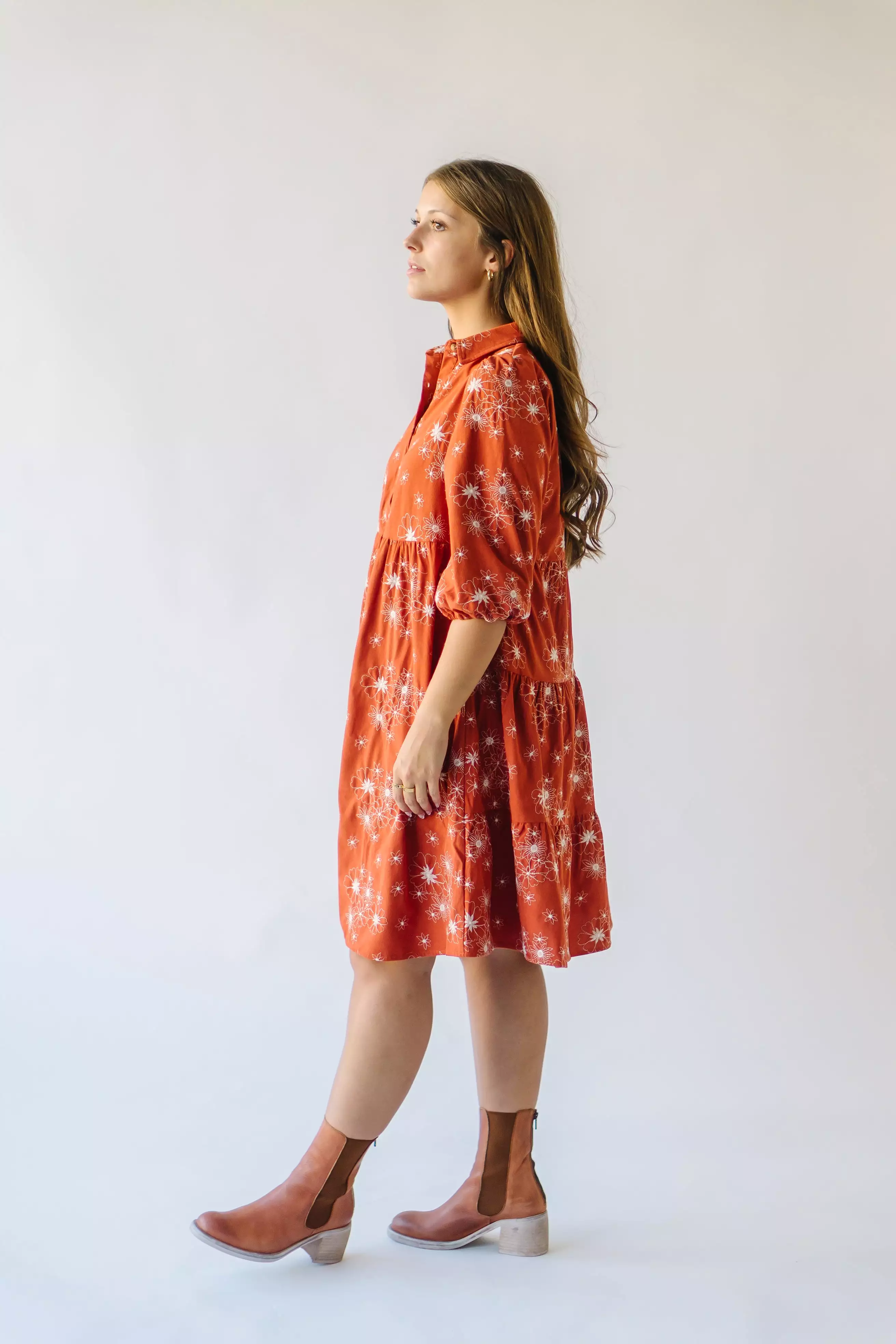 The Kailen Button-Down Patterned Dress in Rust