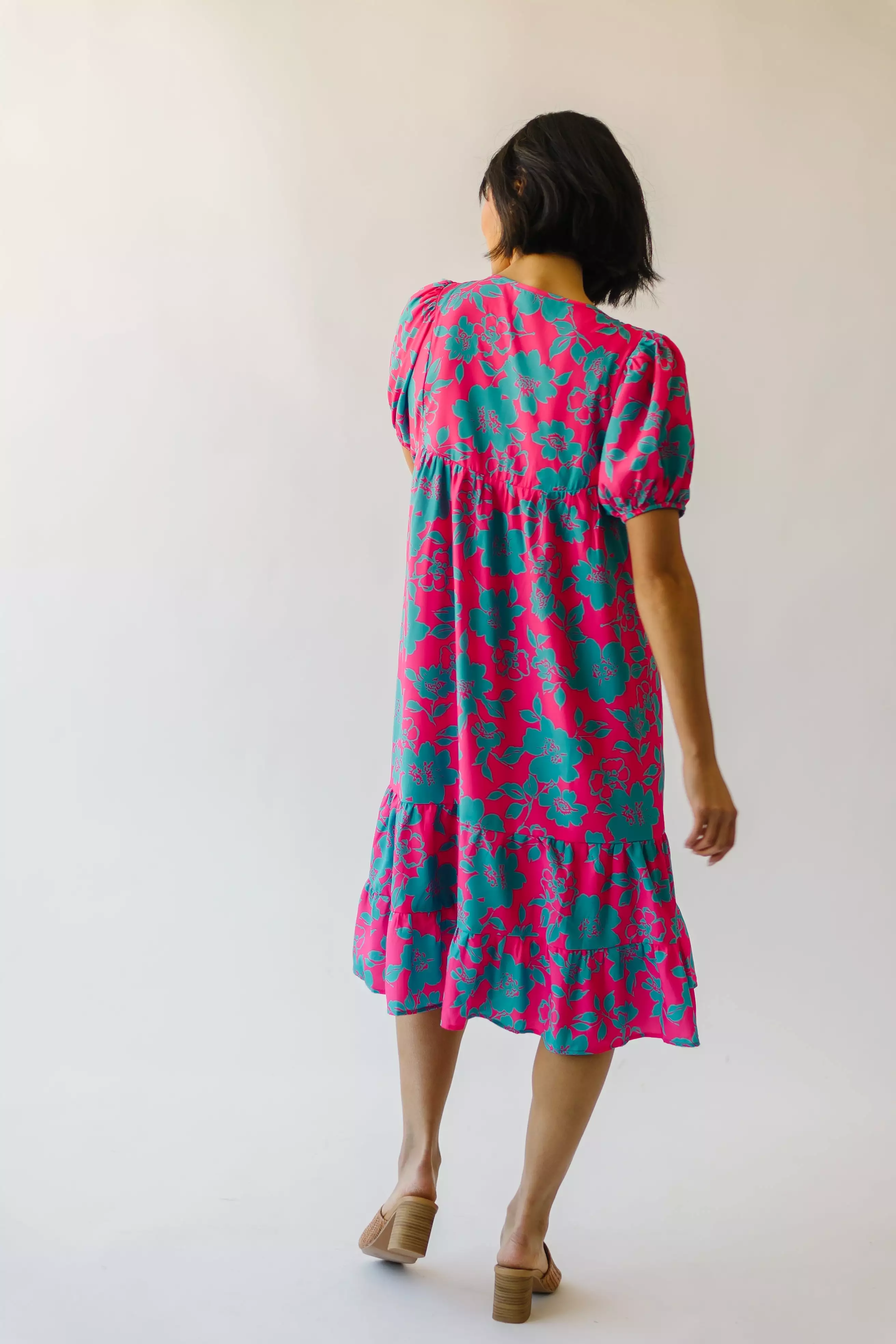 The Magdalena Smocked Detail Floral Dress in Fuchsia