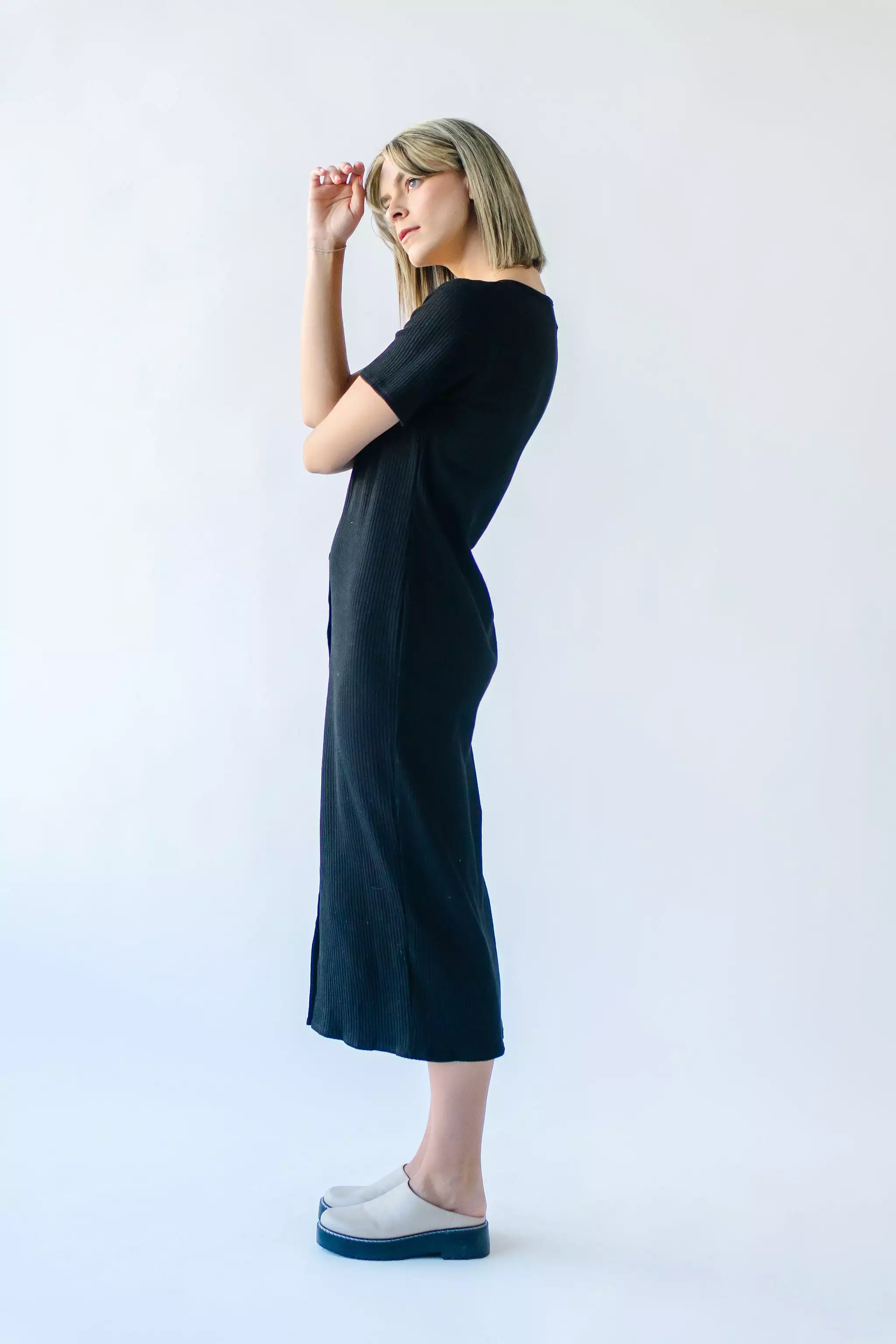 The Pomona Ribbed Button Dress in Black