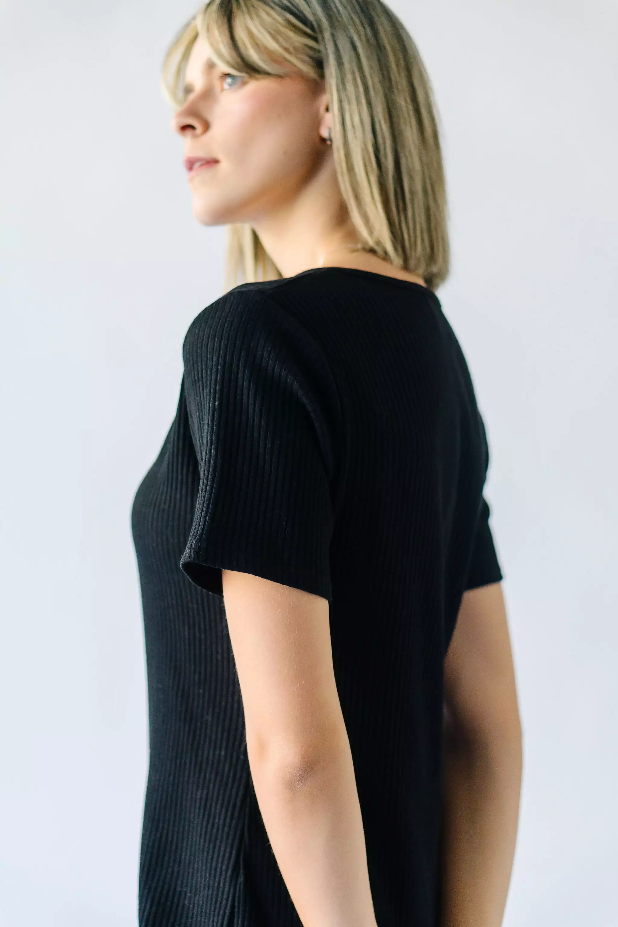 The Pomona Ribbed Button Dress in Black